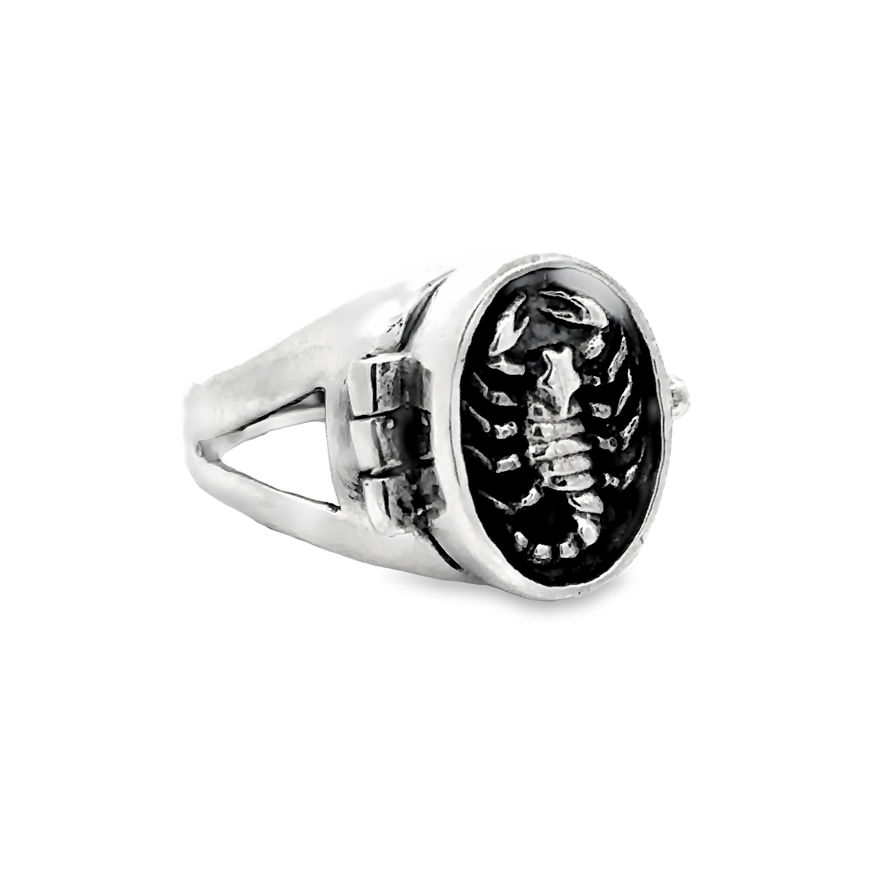 Scorpion Poison Ring with a black circular face featuring a scorpion design, crafted from .925 Sterling Silver.