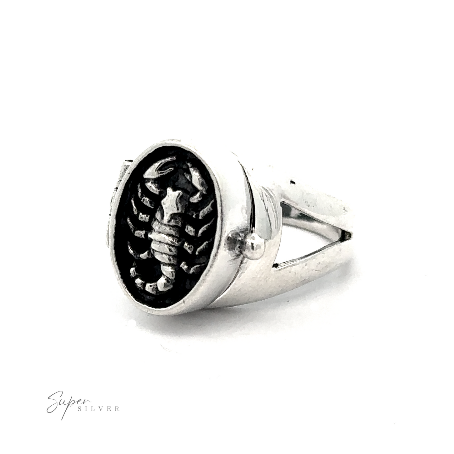 
                  
                    A Scorpion Poison Ring featuring a detailed scorpion design on a black background is displayed against a white backdrop. The ring has a broad band with cut-out sides, embodying the Scorpio zodiac's mystique. "Super Silver" is written in the bottom left corner.
                  
                