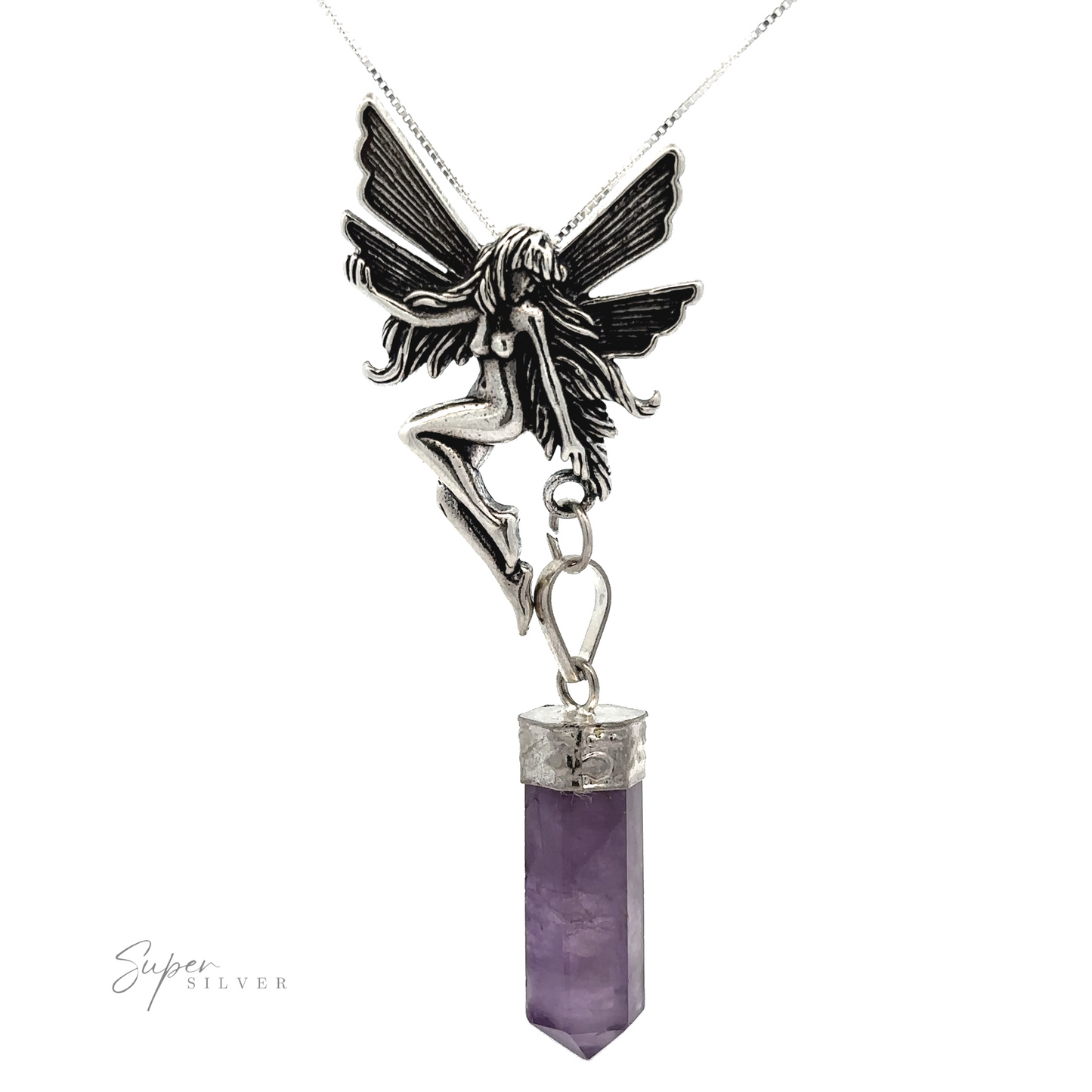 
                  
                    Elevate your style with the Flying Fairy Pendant necklace, showcasing a captivating purple crystal charm elegantly suspended below. The delicate chain complements the sterling silver pendant perfectly. Features the "Super Silver" logo in the bottom left corner.
                  
                