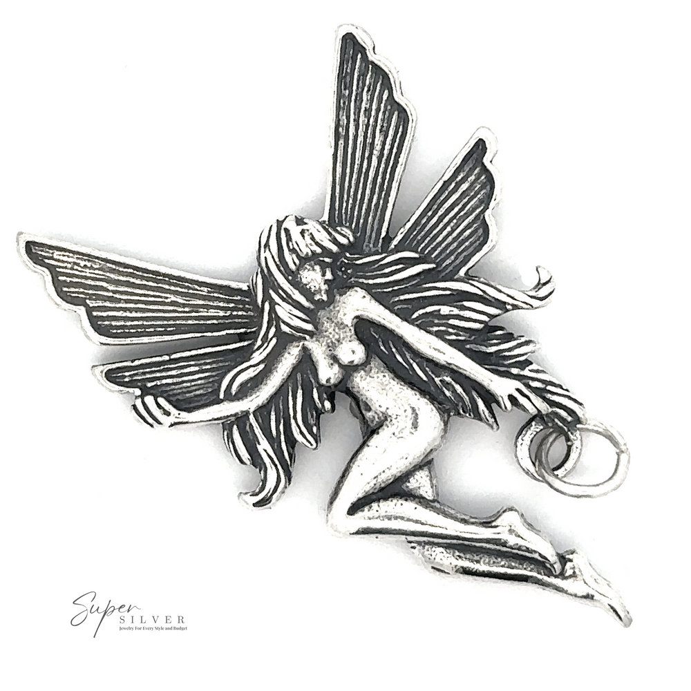 Flying Fairy Pendant: A sterling silver pendant depicting a winged, nude female figure in a flying pose. The figure has long hair and features intricate detailing. This customizable accessory adds a touch of magic to any outfit.