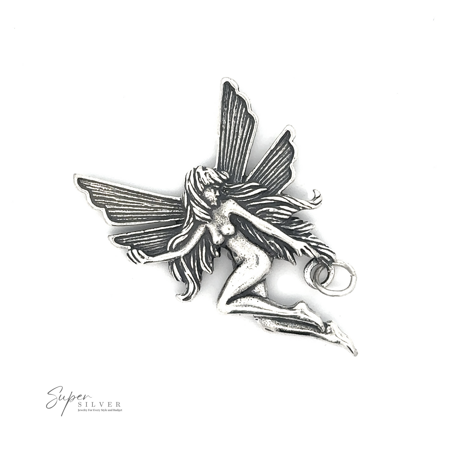 
                  
                    The Flying Fairy Pendant is a silky sterling silver charm featuring detailed wings and flowing hair, set against a white background. The text "Super Silver" is visible in the lower left corner, making it an enchanting addition to any ensemble with its customizable charm.
                  
                