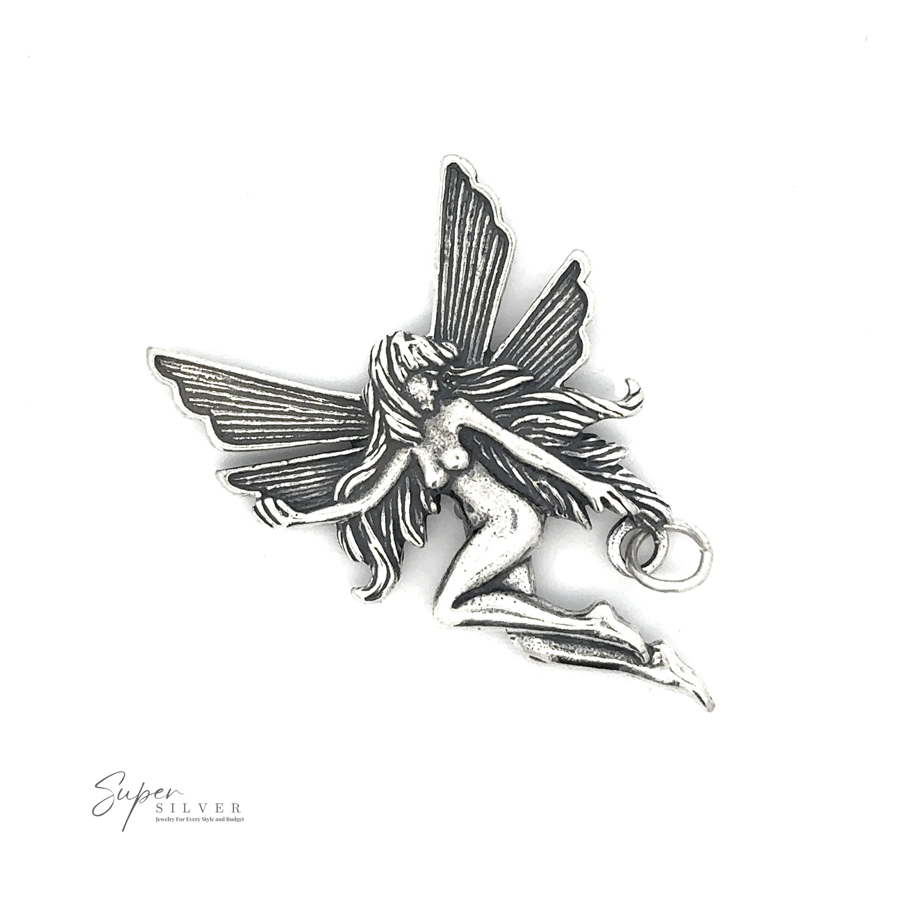 The Flying Fairy Pendant is a silky sterling silver charm featuring detailed wings and flowing hair, set against a white background. The text "Super Silver" is visible in the lower left corner, making it an enchanting addition to any ensemble with its customizable charm.