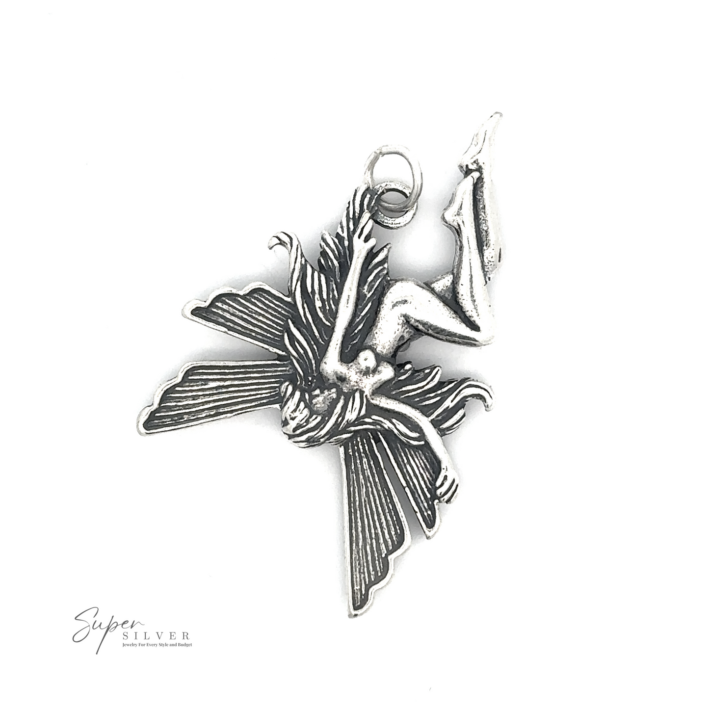 
                  
                    A sterling silver Flying Fairy Pendant featuring detailed wings and body design, laying face down. The enchanting pendant has a small loop at the top for attachment. The brand name "Super Silver" is visible at the bottom left.
                  
                