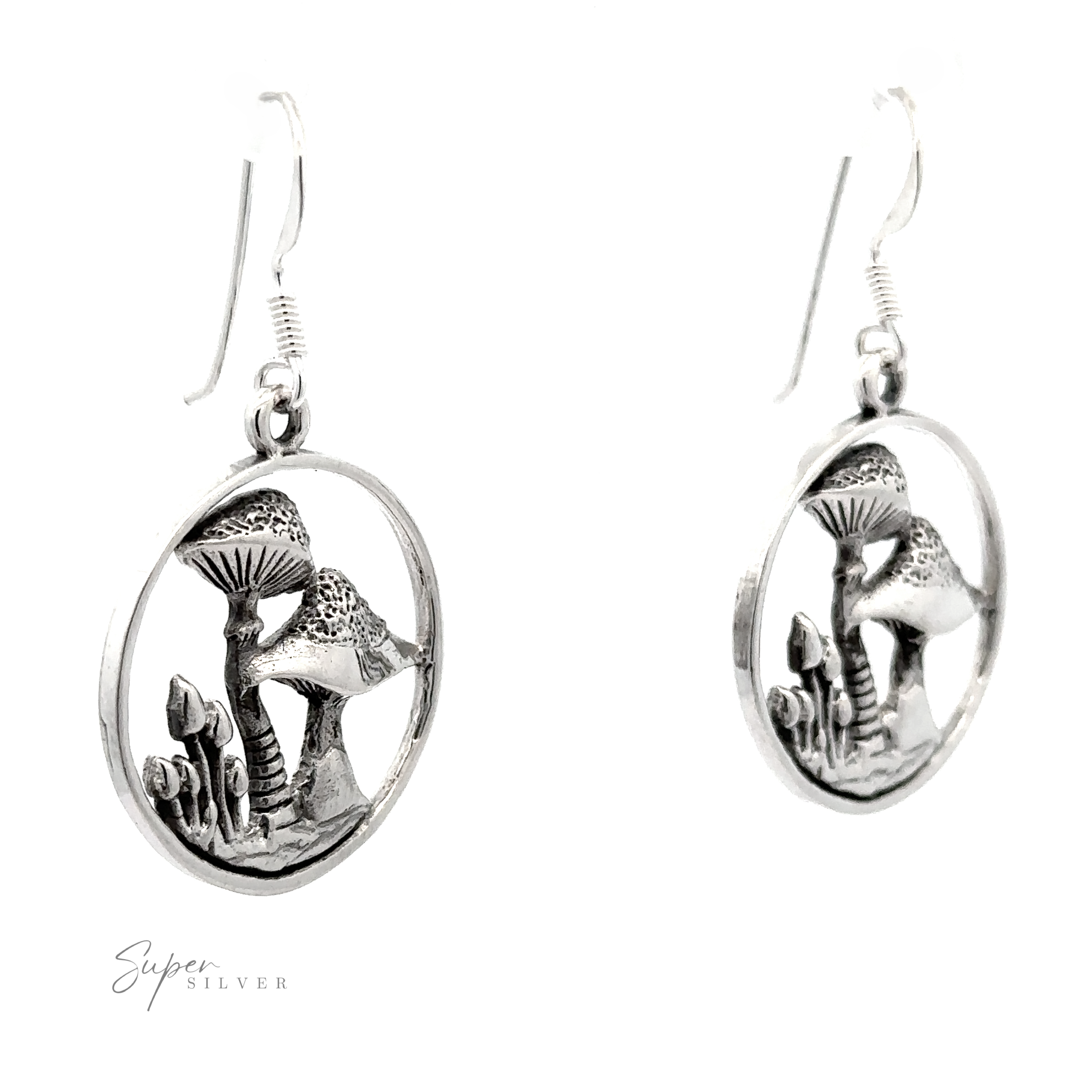 Sentence with product name: Pair of Trippy Encircled Mushroom Earrings featuring a circular design with detailed mushroom motifs, displayed against a white background.