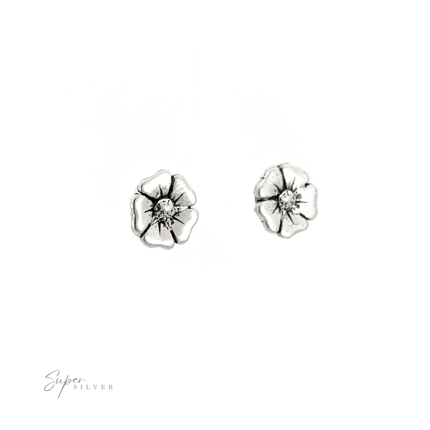 A pair of adorable silver Poppy Flower Studs on a white background.