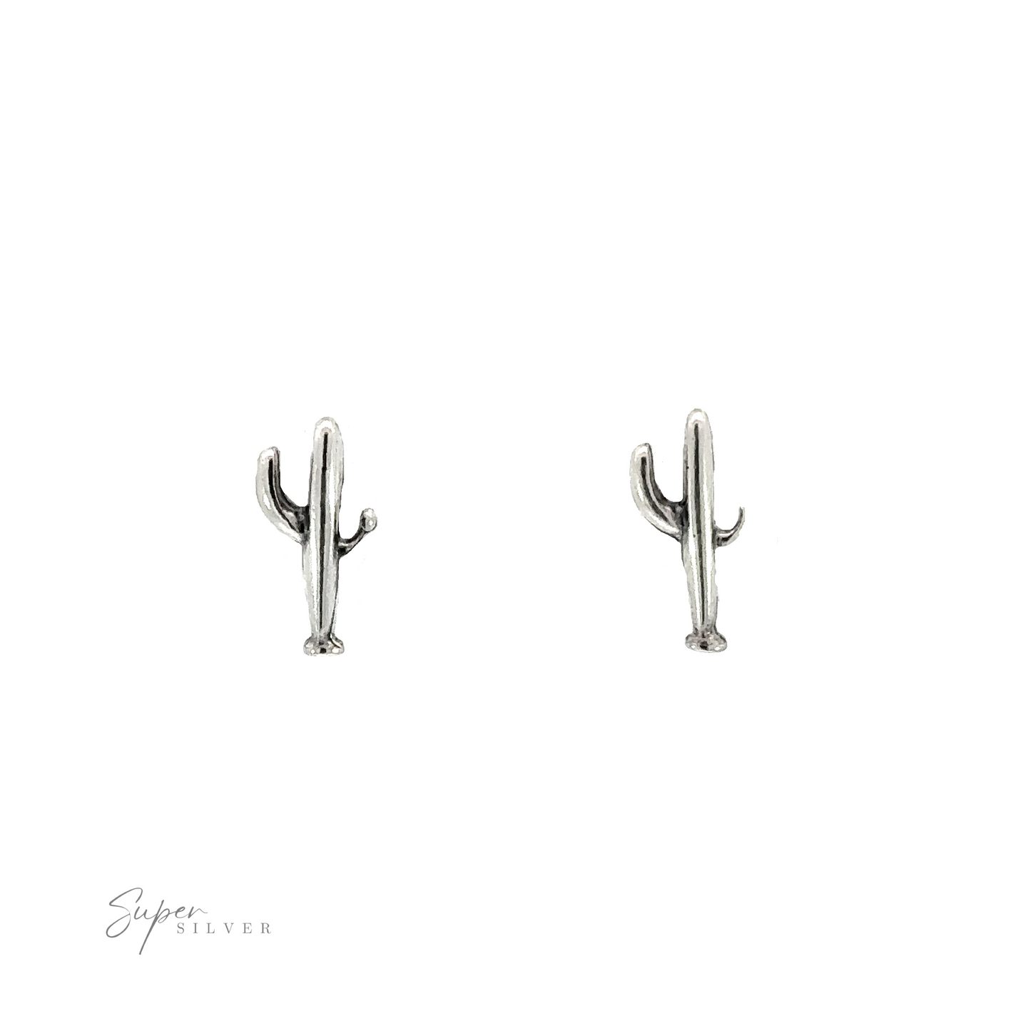 A pair of southwestern style sterling silver Cactus Studs on a white background.