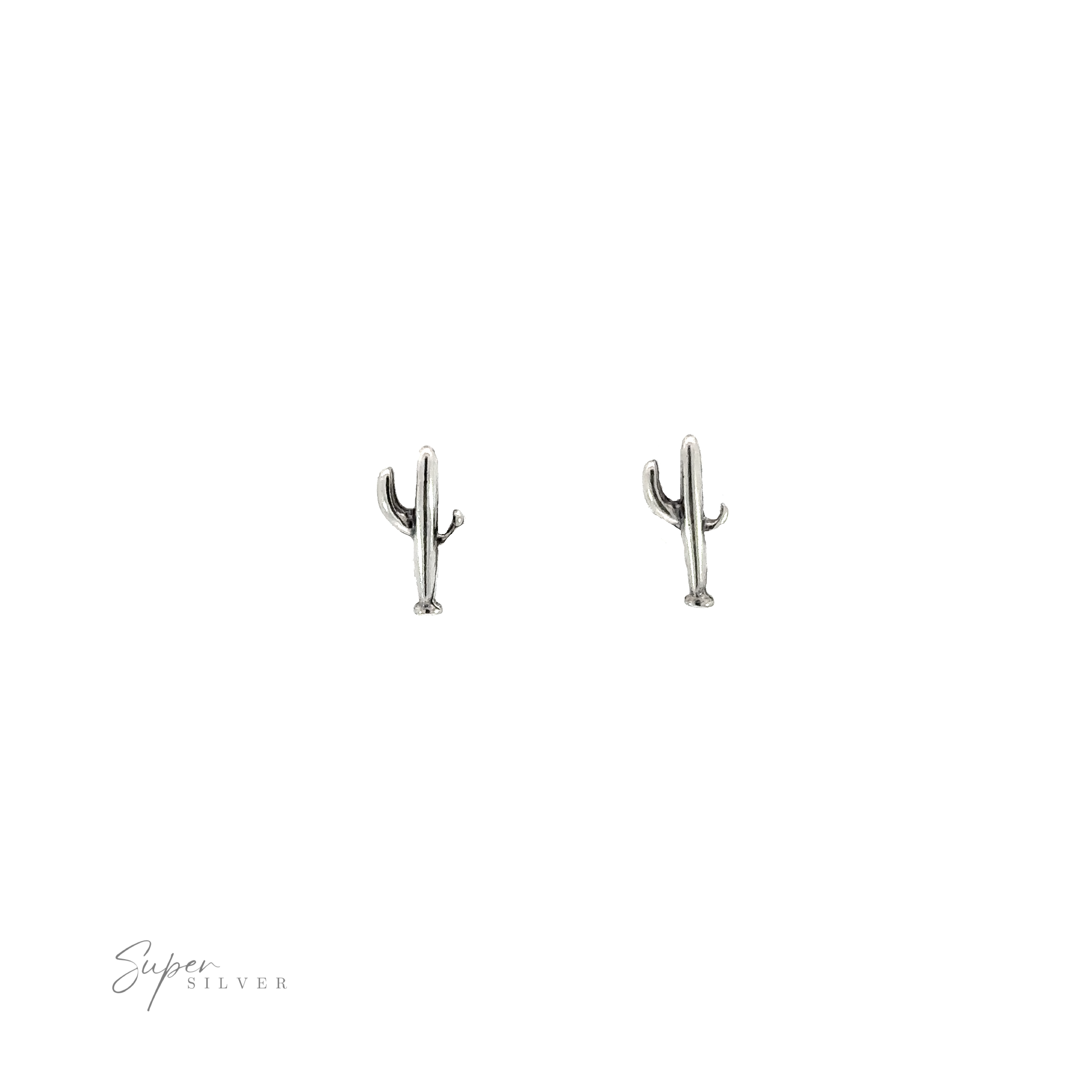 A pair of Cactus Studs in southwestern style, made of sterling silver, against a white background.
