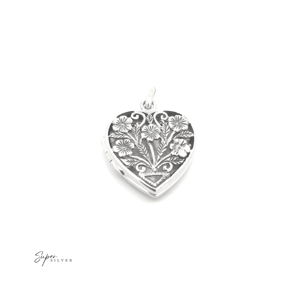 Floral Heart Shaped Locket in sterling silver, featuring an intricate floral design, displayed on a plain white background.