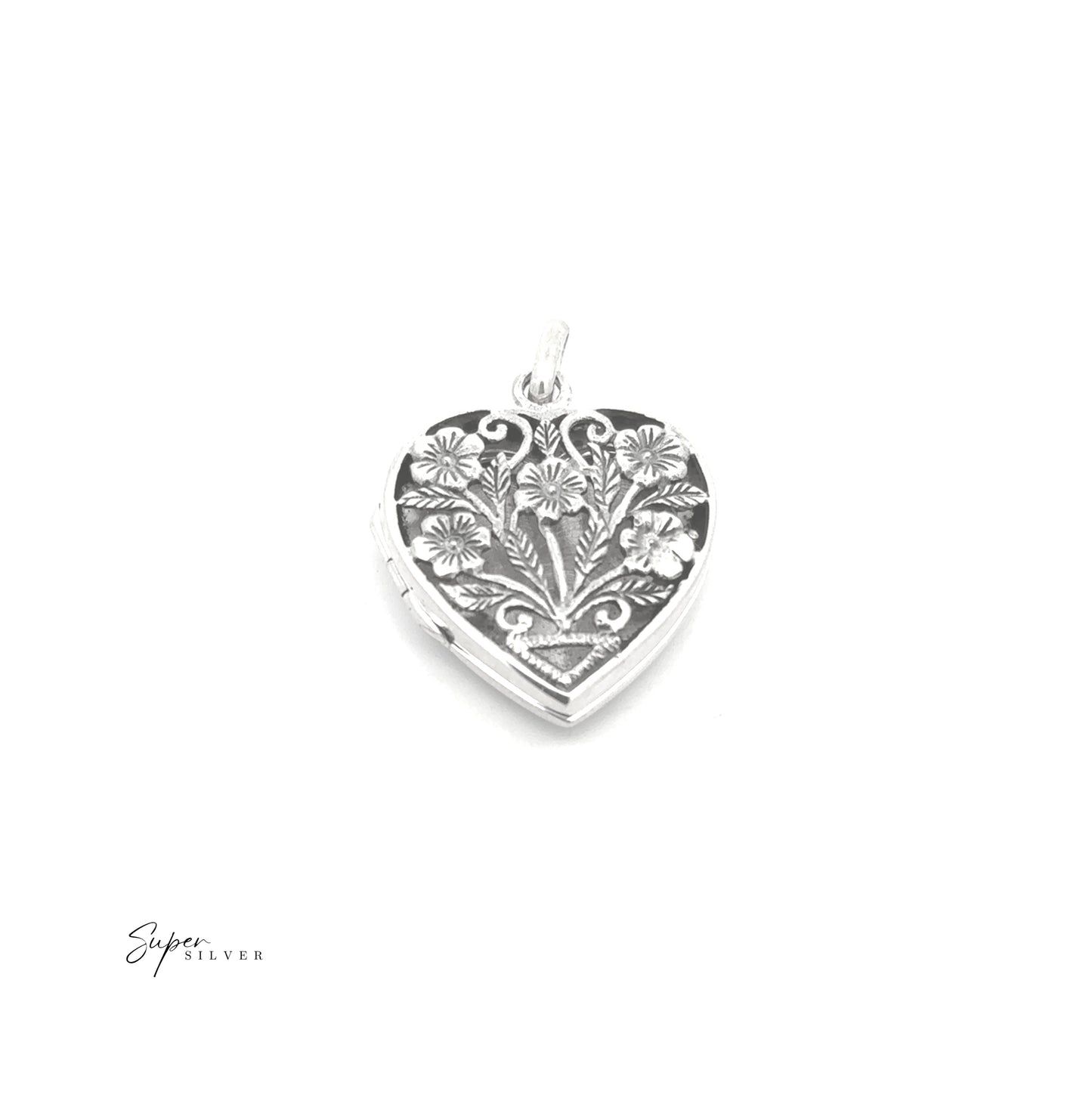 
                  
                    Floral Heart Shaped Locket in sterling silver, featuring an intricate floral design, displayed on a plain white background.
                  
                