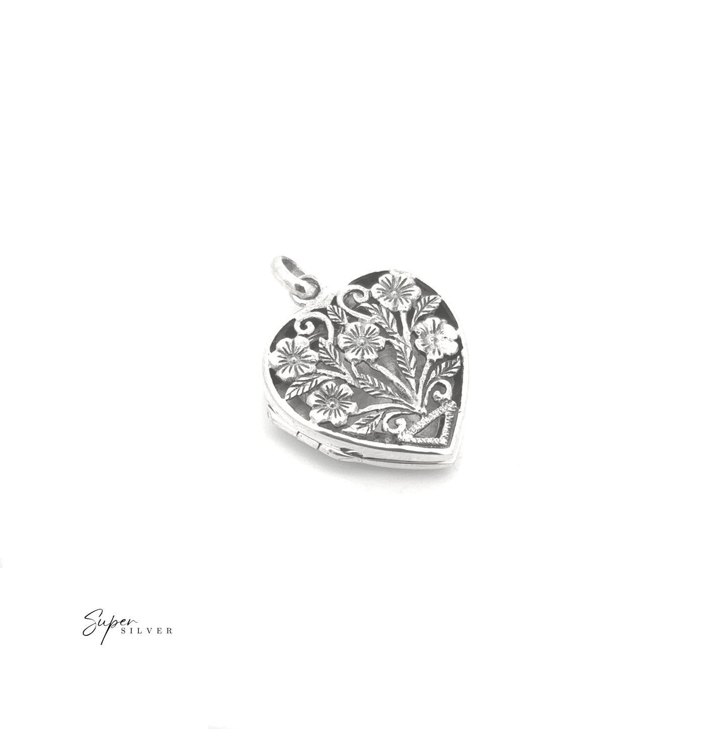 
                  
                    Floral Heart Shaped Locket made of sterling silver featuring an engraved floral design on a plain white background.
                  
                