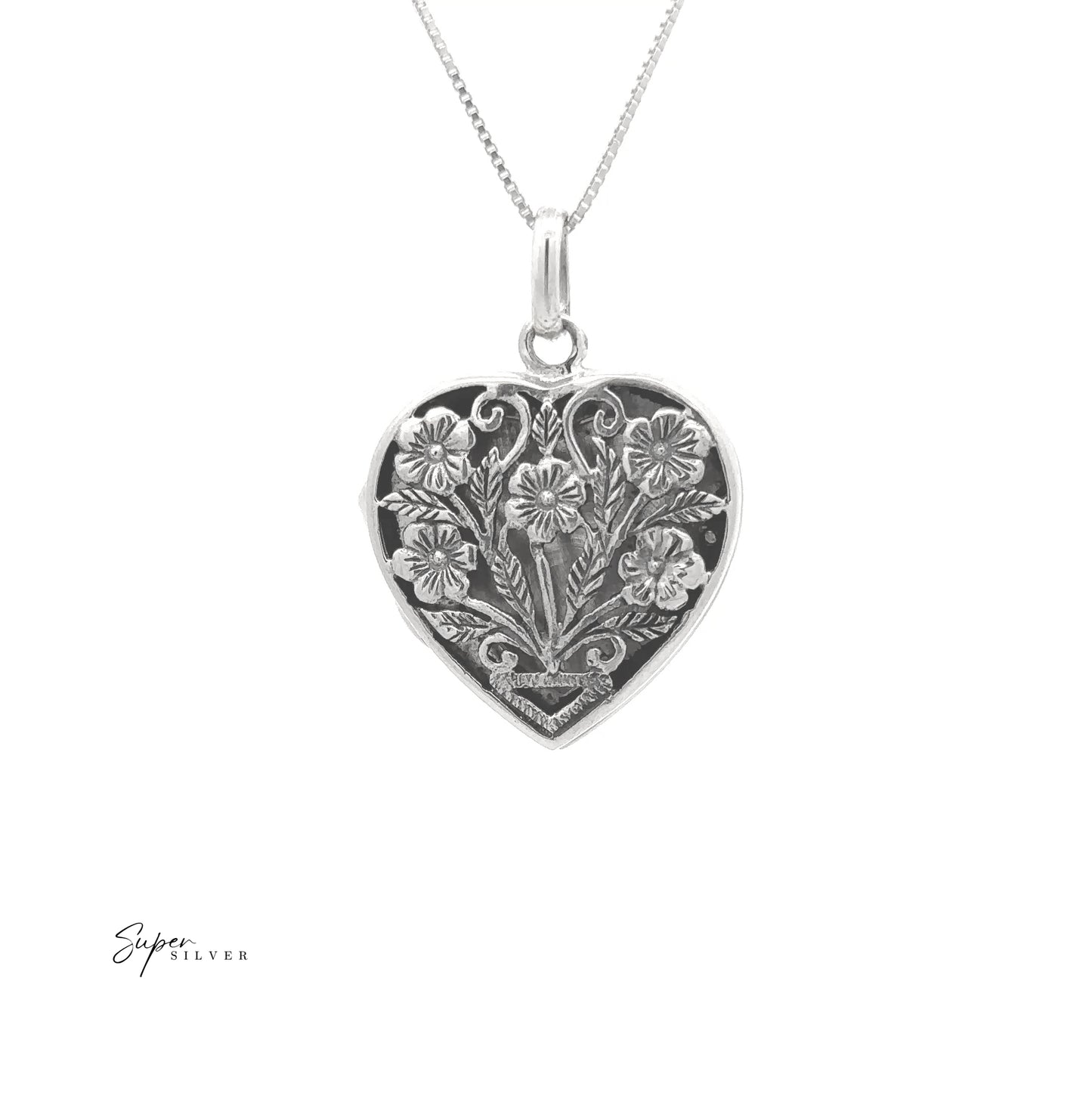 
                  
                    The Floral Heart Shaped Locket is a sterling silver heart pendant with intricate floral engravings on a delicate chain.
                  
                