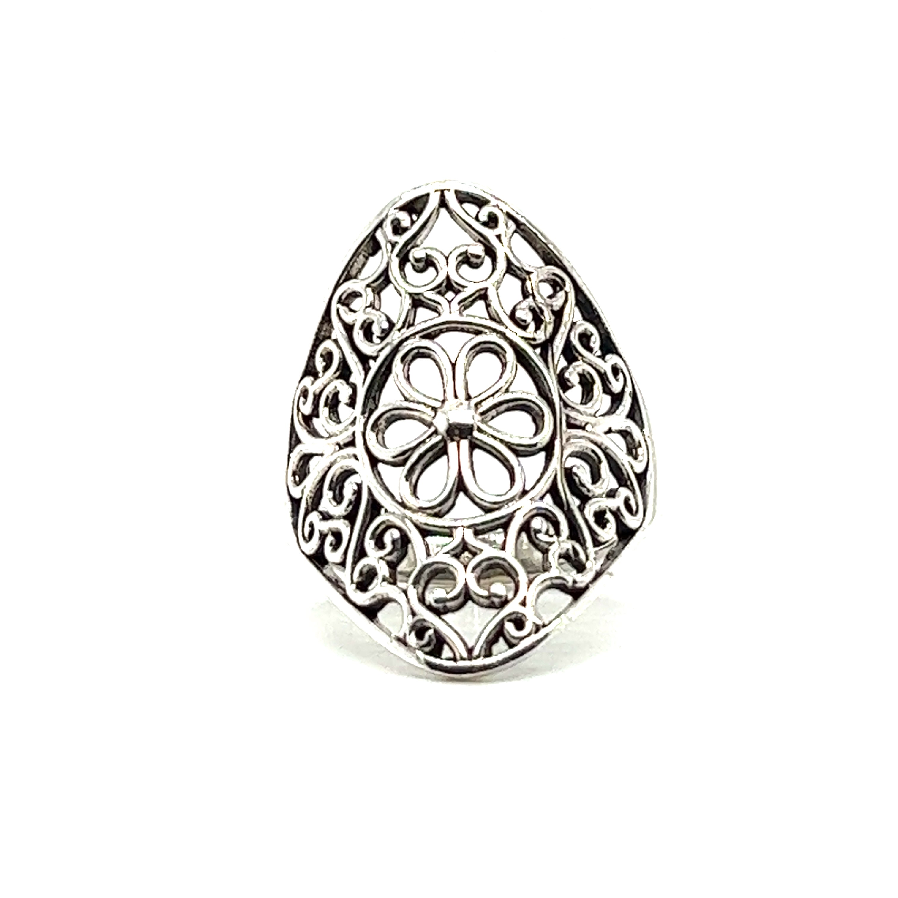 A silver Floral Filigree Shield Ring.