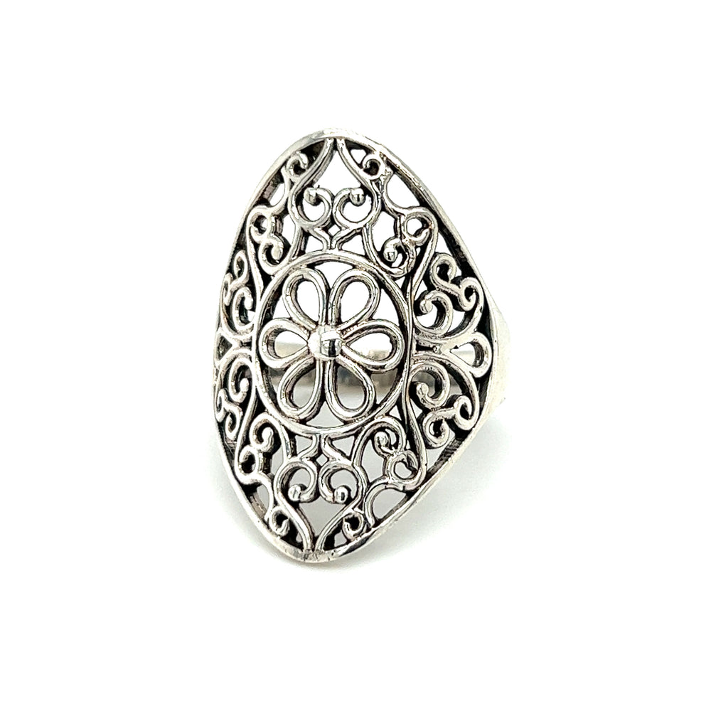 A Floral Filigree Shield Ring with a floral and ornate design, making it a stunning statement piece.