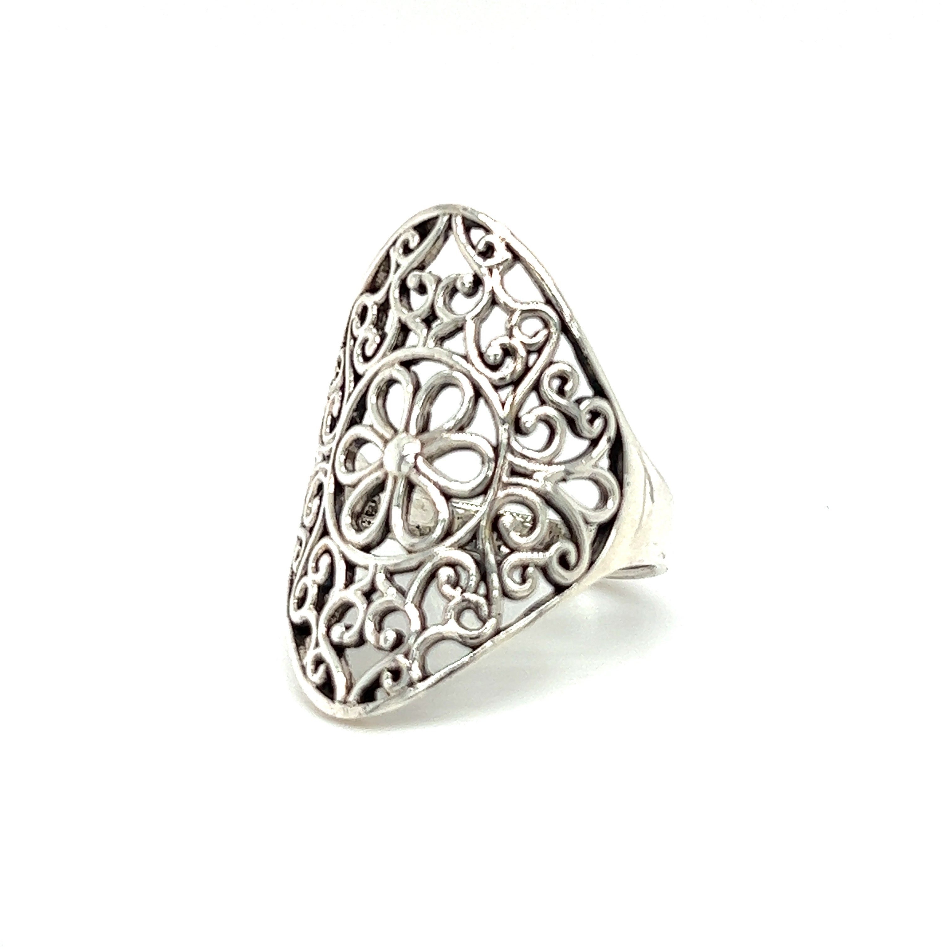 A Floral Filigree Shield Ring with a floral filigree design.