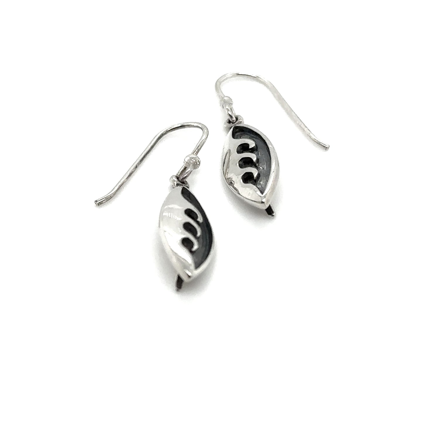 A pair of Super Silver Surfboard Earrings With Wave Detail, complete with sterling silver French hooks.