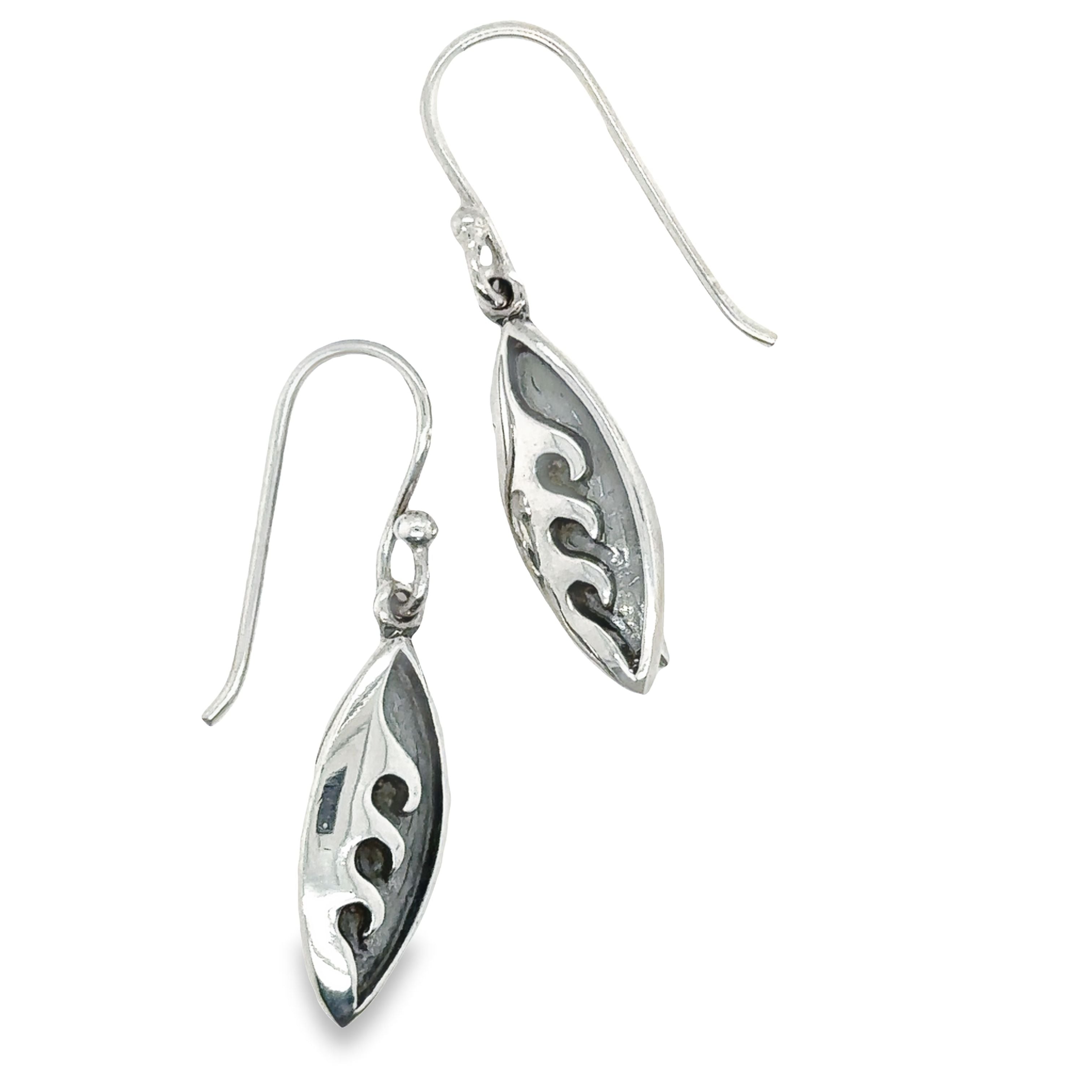 A pair of Super Silver surfboard earrings with a wave design.