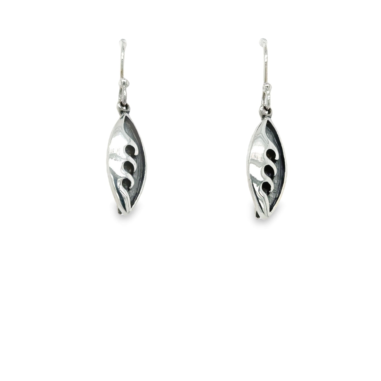 
                  
                    A pair of Super Silver Surfboard Earrings with Wave Detail and leaves on them.
                  
                