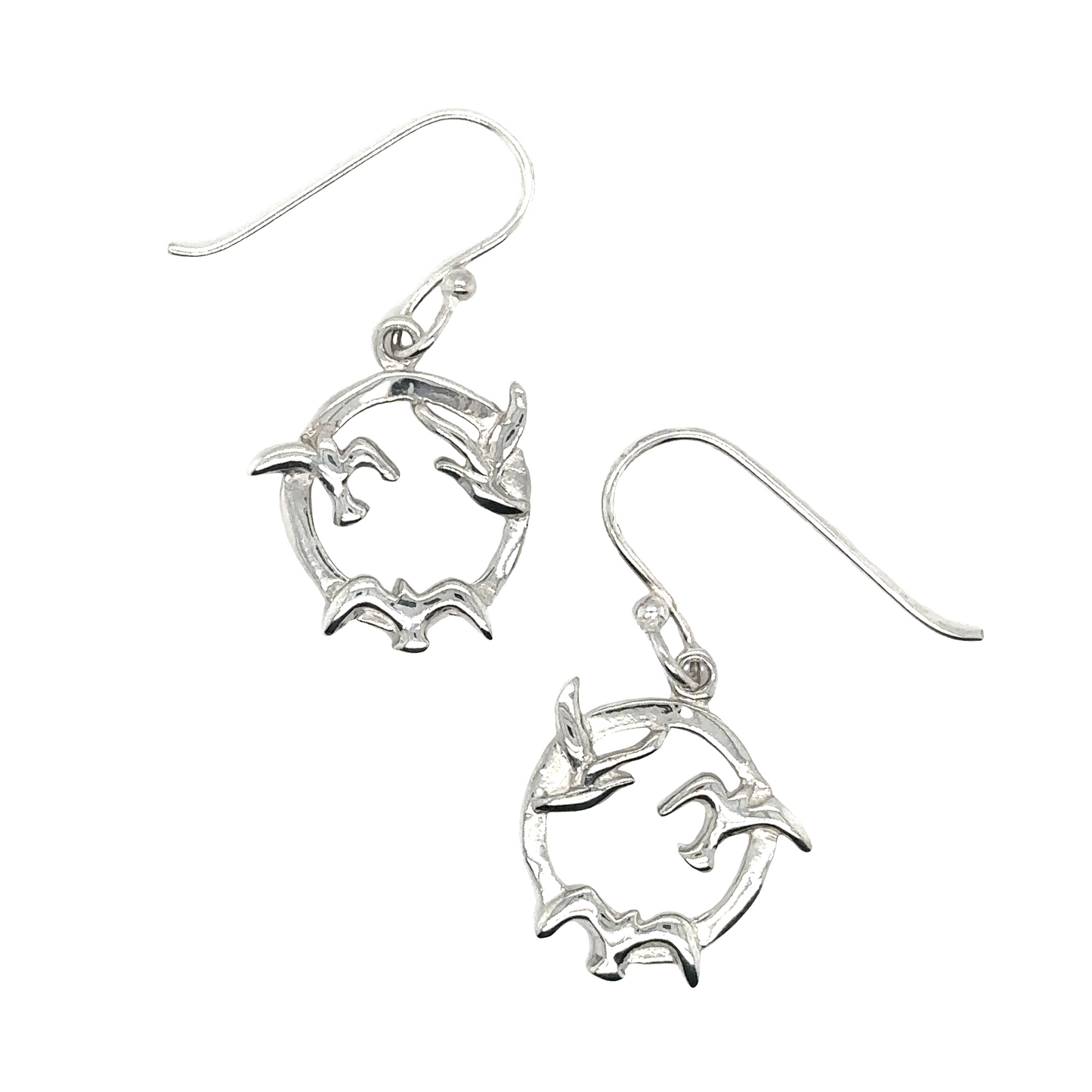 Super Silver's Three Seagulls Round Earrings .925 sterling silver hook earrings with birds.