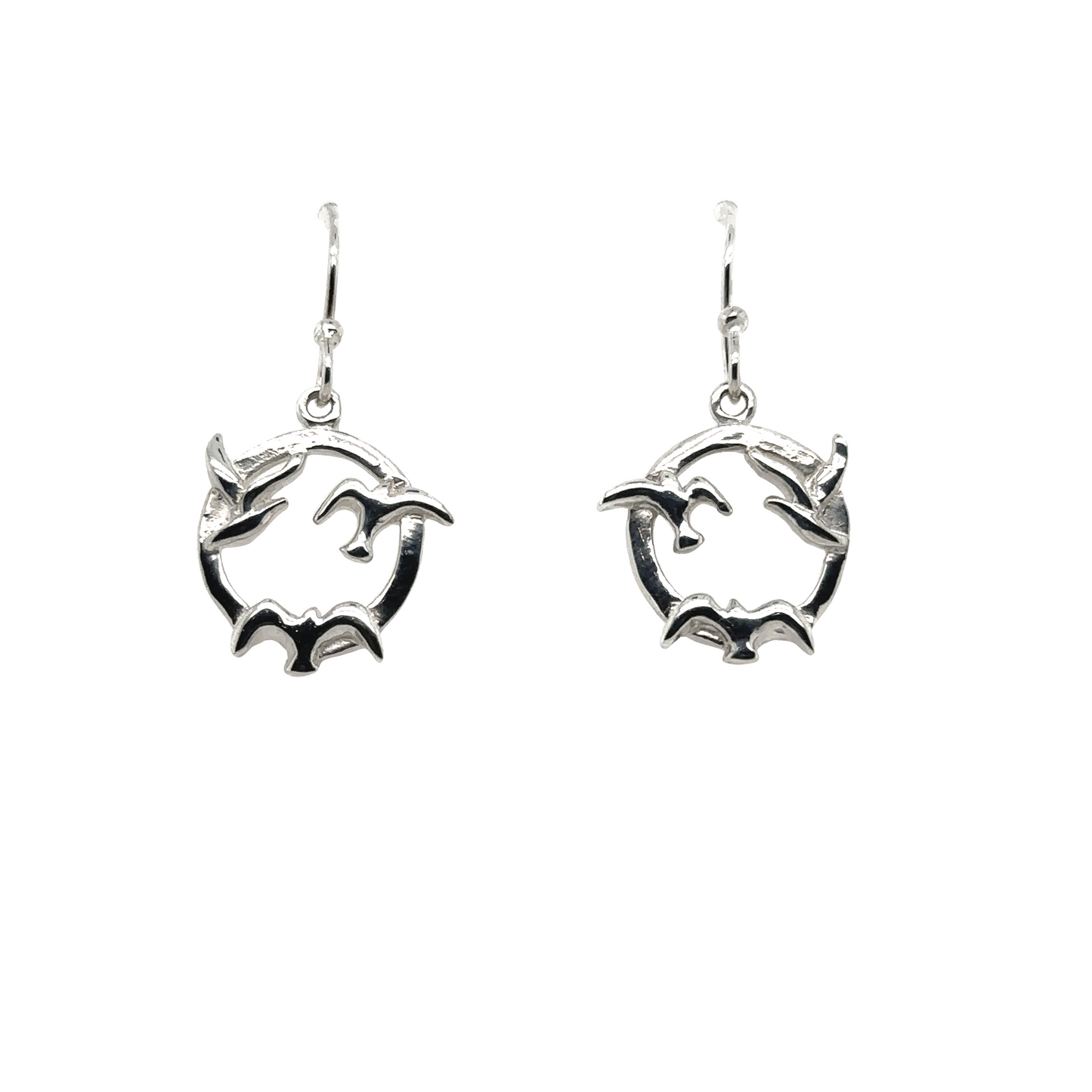 
                  
                    A pair of Super Silver Three Seagulls Round Earrings with a bird on them.
                  
                