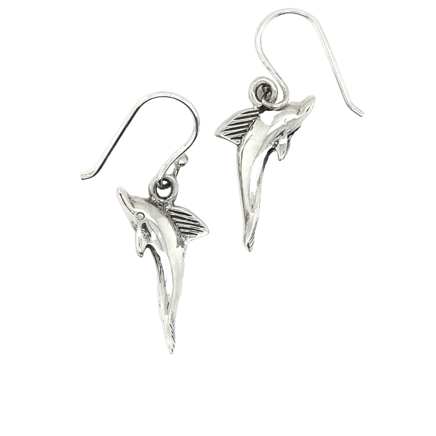 A pair of Super Silver Dolphin Earrings on a white background.