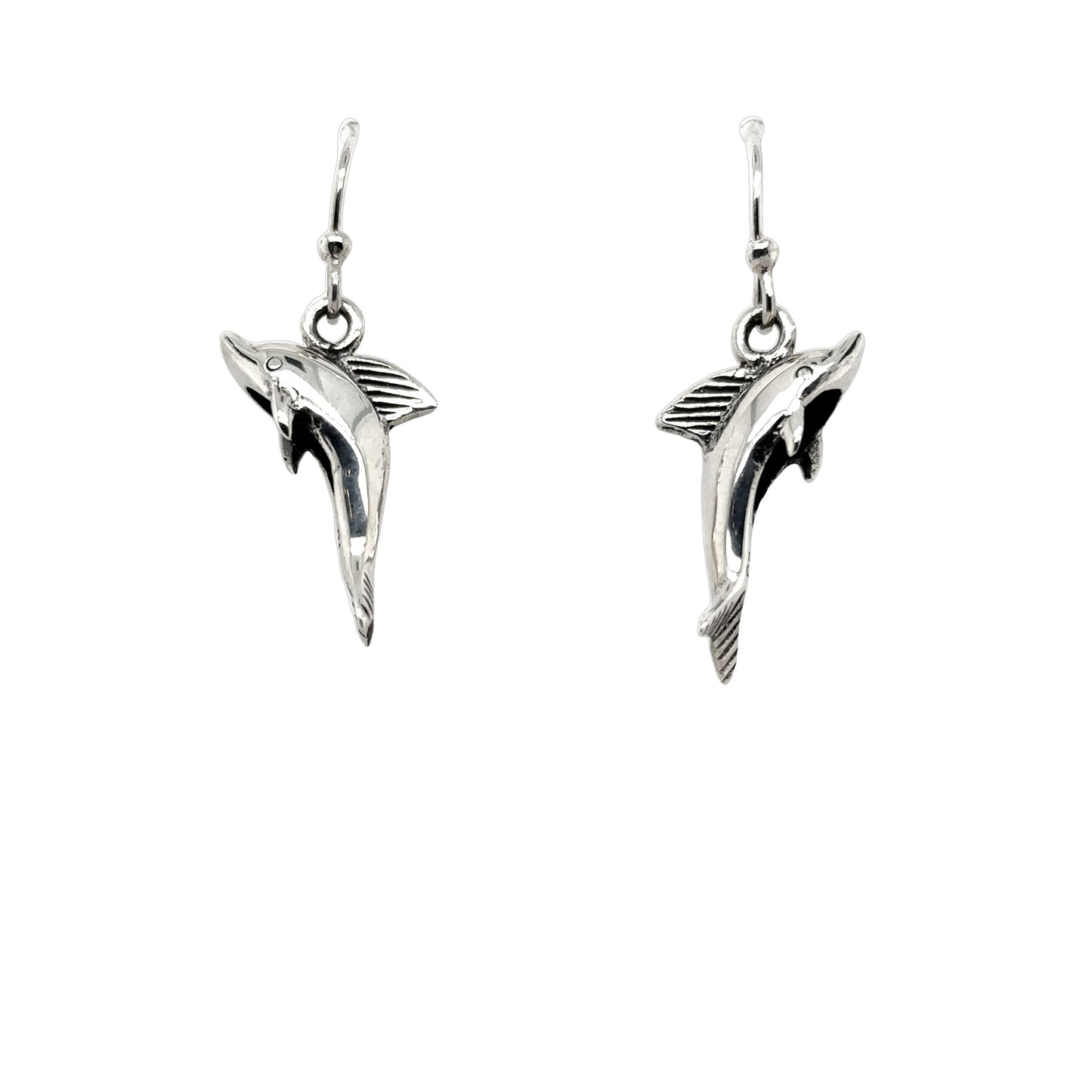 
                  
                    A pair of Super Silver dolphin earrings on a white background.
                  
                
