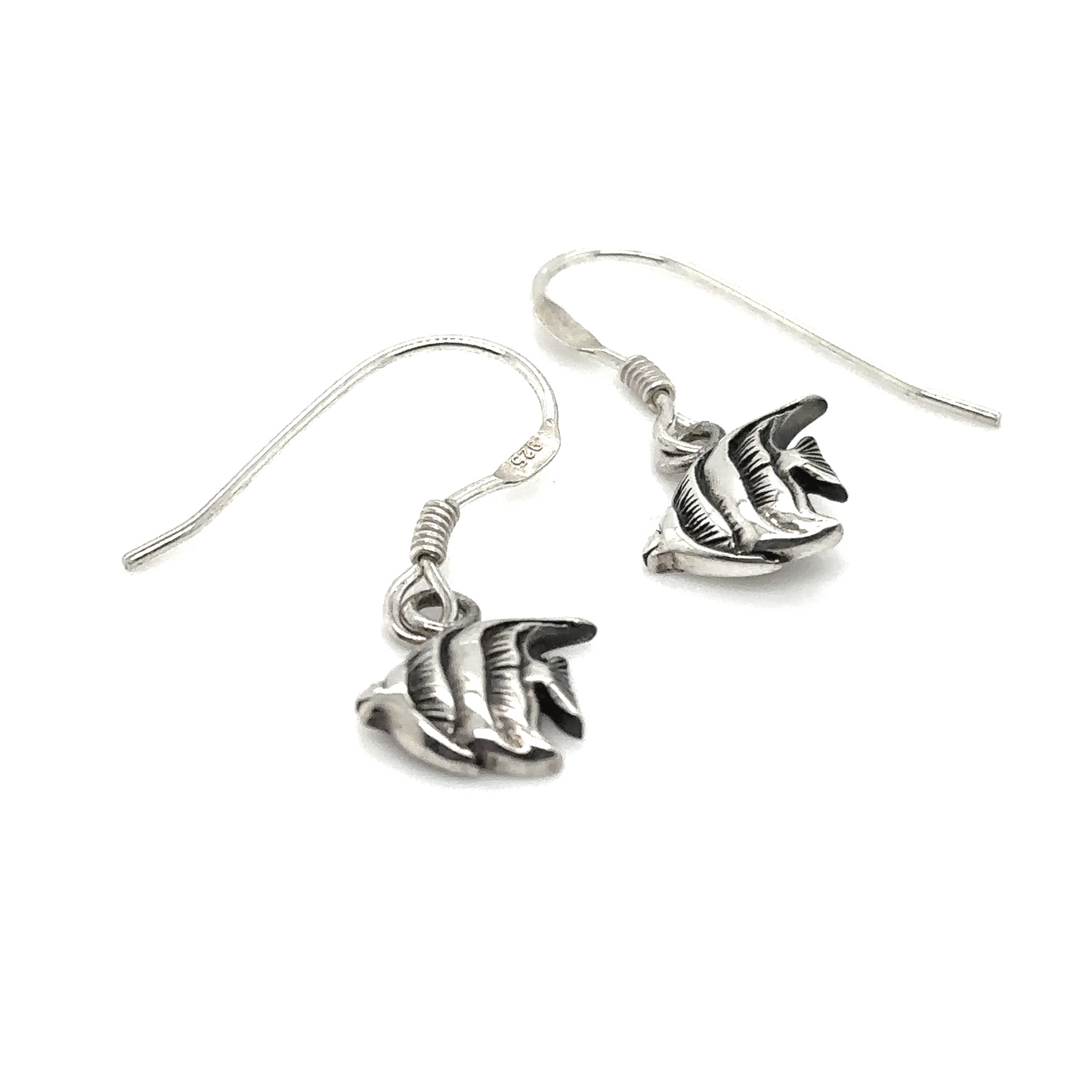 A pair of Super Silver Coral Fish Earrings on a white background.