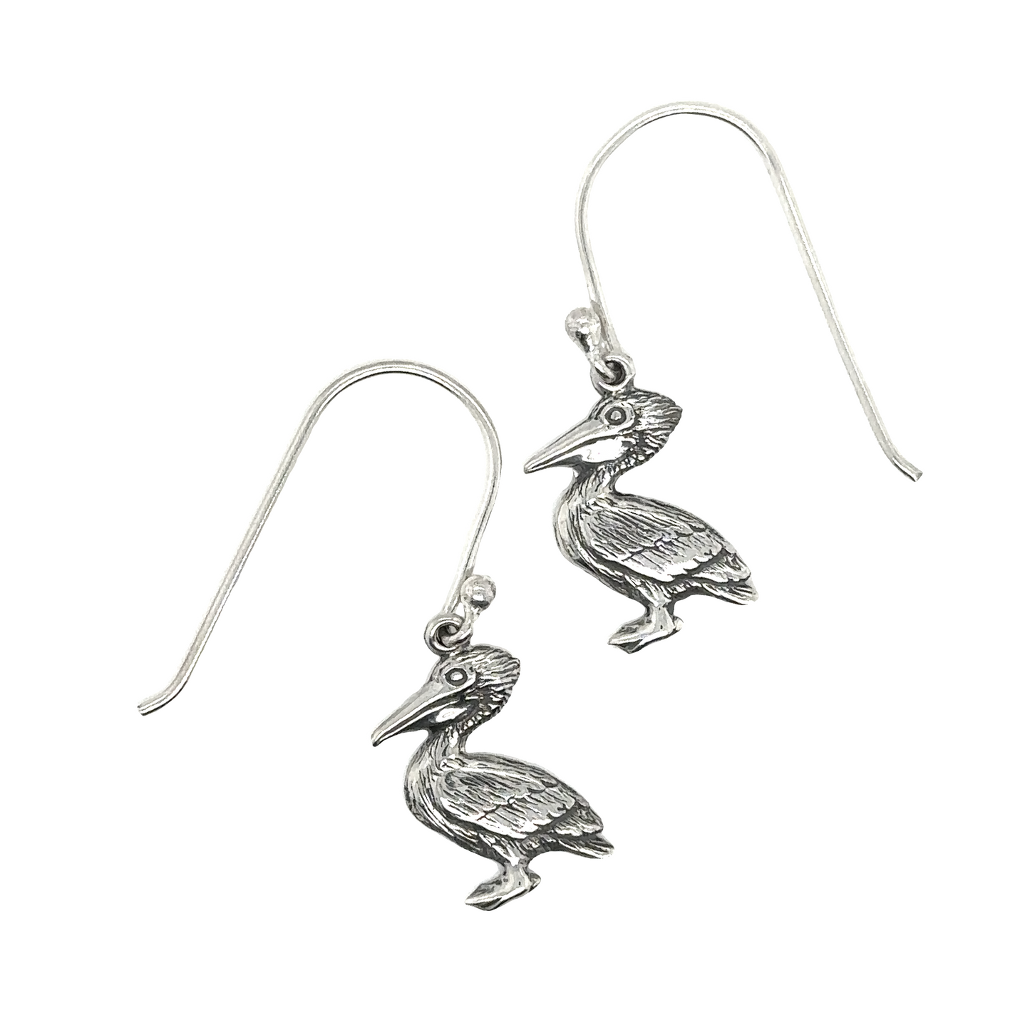 Super Silver Pelican Earrings made of .925 silver on a white background.