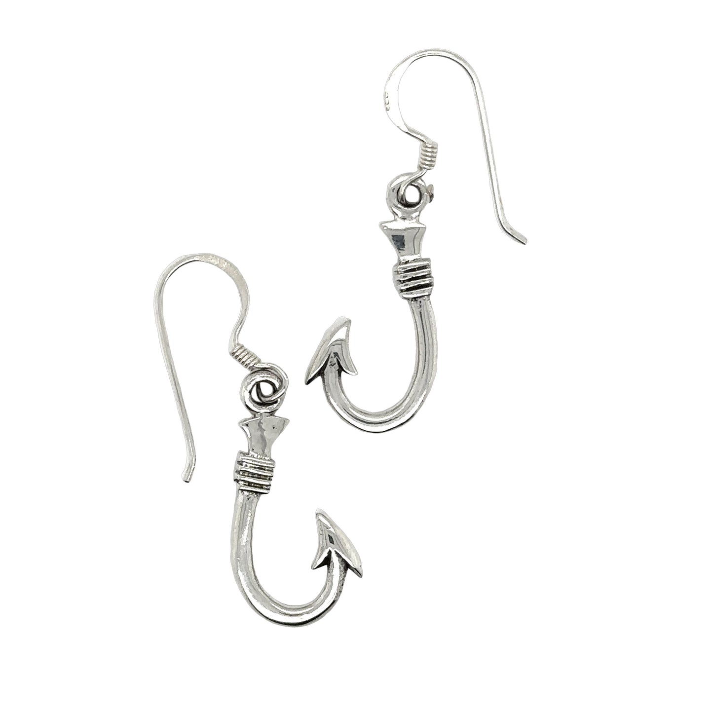 A pair of Super Silver Fishhook Earrings on a white background.