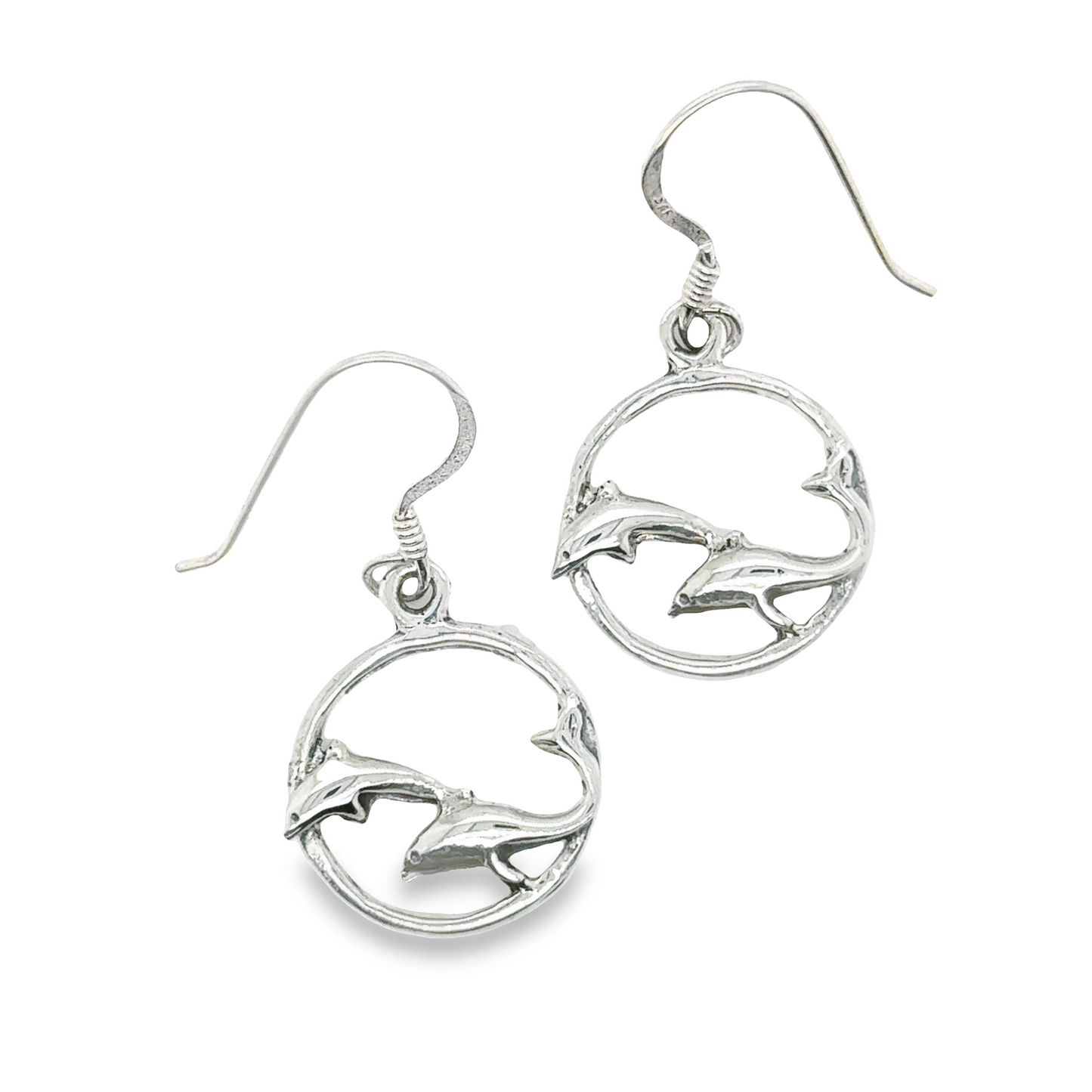 A pair of Playful Dolphin Earrings by Super Silver, inspired by the oceanic beauty of Santa Cruz.