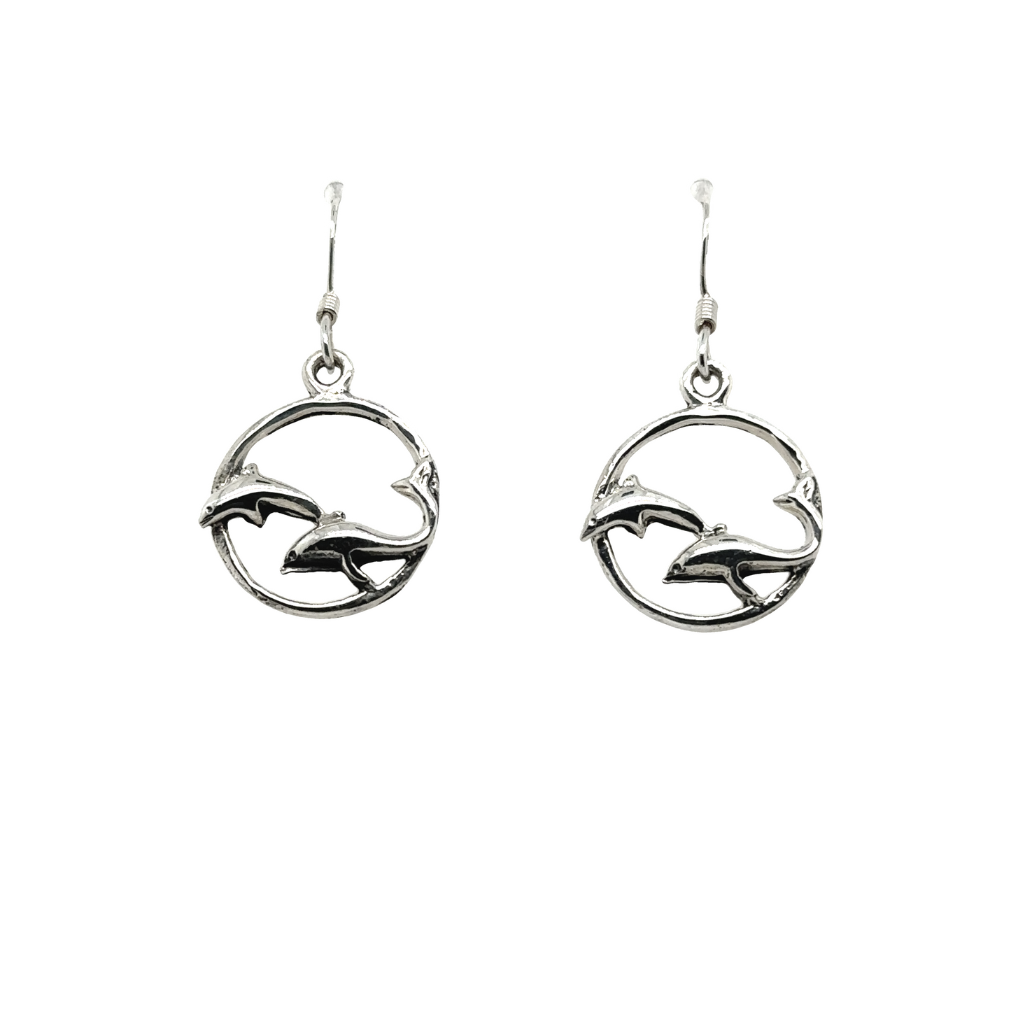 
                  
                    A pair of Super Silver Playful Dolphin Earrings, perfect for ocean lovers or those with a connection to Santa Cruz.
                  
                