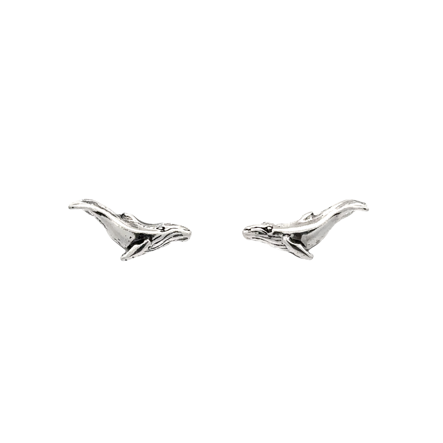 Ocean-inspired Whale Studs made of .925 Sterling Silver, showcased on a pristine white background.
