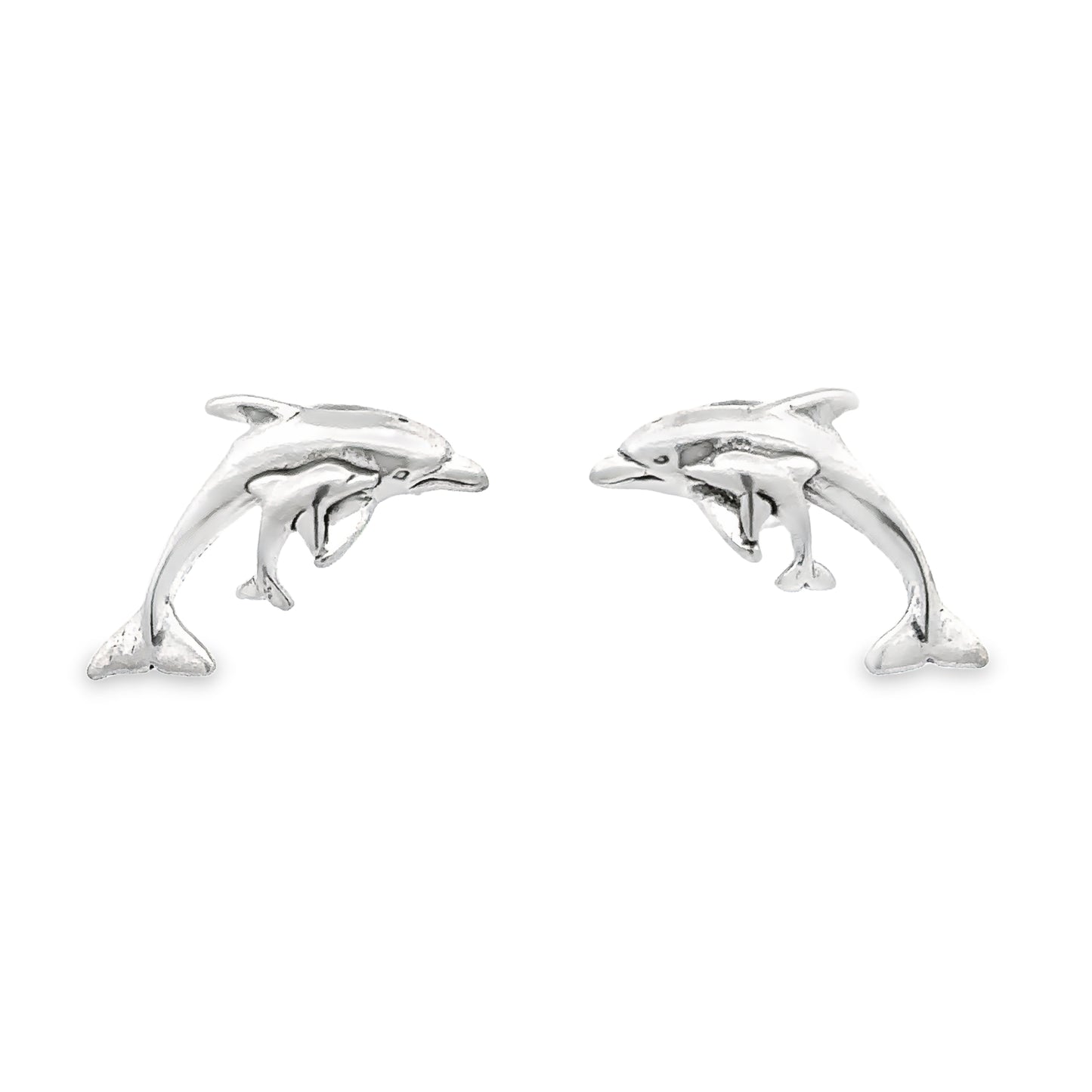 A pair of Dolphin and Calf Studs on a white background, showcasing the ocean's beauty.