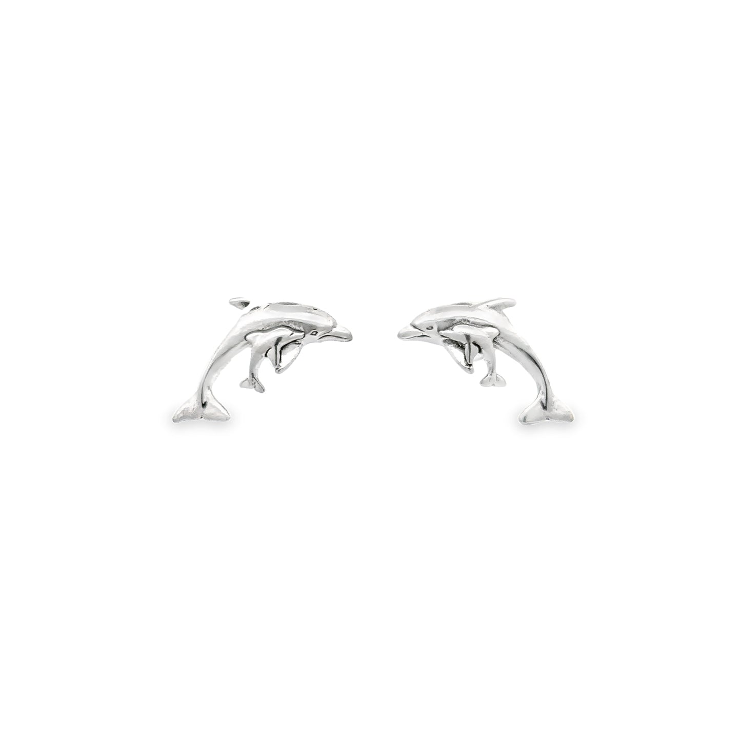 
                  
                    A pair of Dolphin and Calf Studs glimmering against a white background, capturing the ocean's beauty.
                  
                