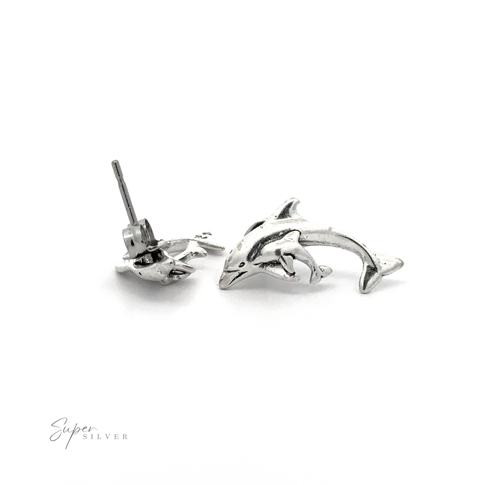 Enhance your look with these beautiful Dolphin and Calf stud earrings, capturing the essence of ocean's beauty, against a pristine white backdrop.