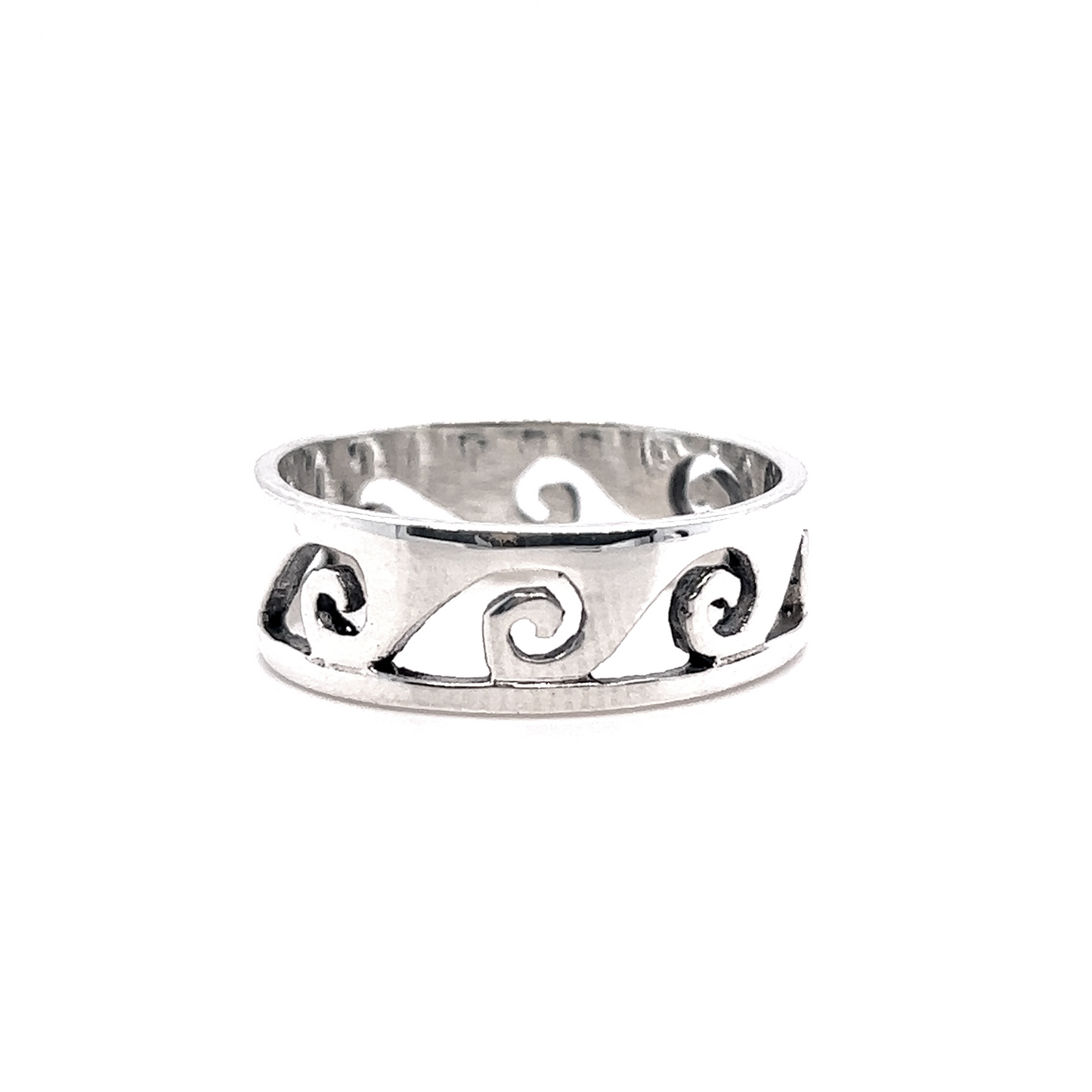 A silver 7mm Cutout Wave Band with swirls on it.