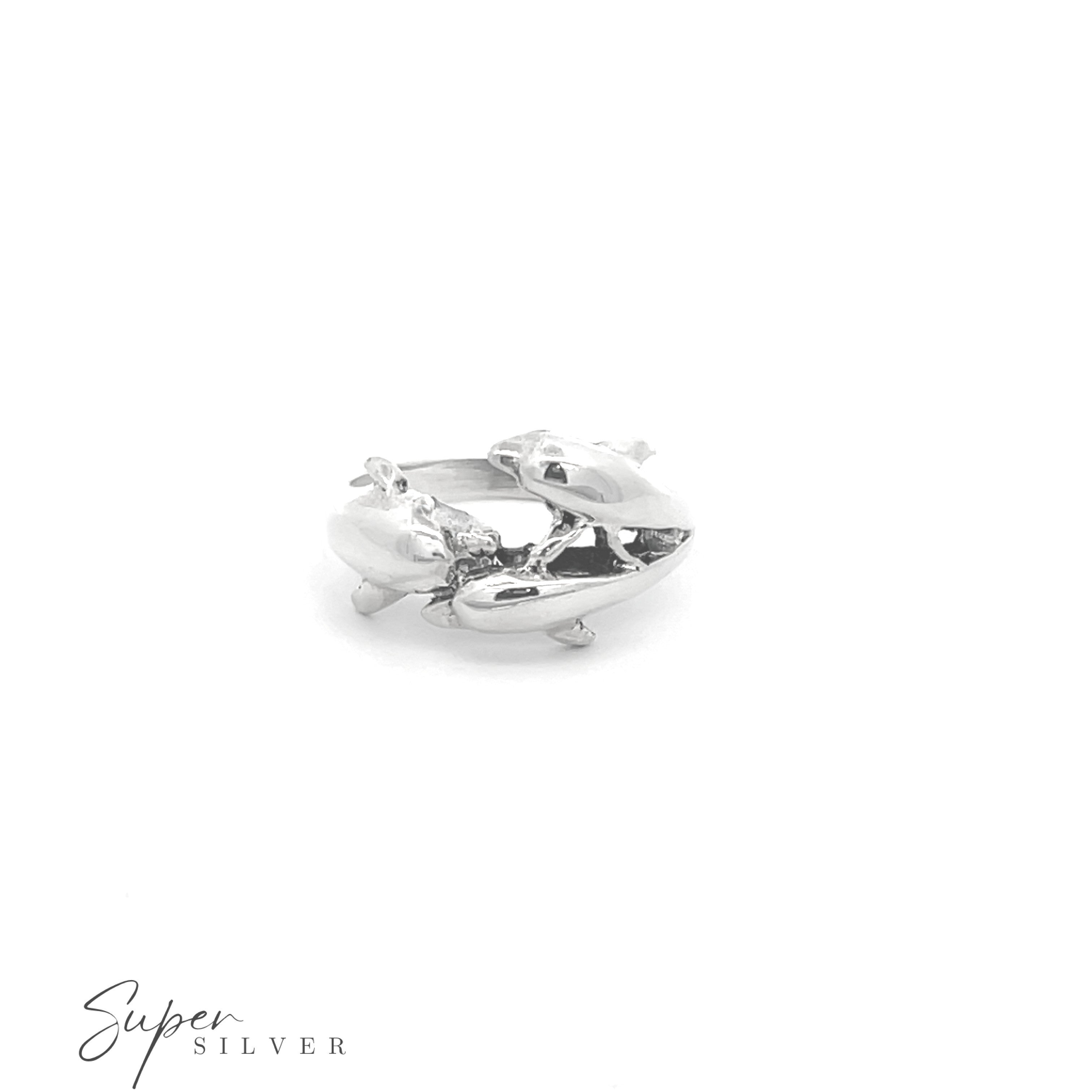 A Dolphin Pod Ring, ideal for ocean lovers' jewelry collections, displayed against a plain white background. "Super Silver" appears in the bottom left corner.