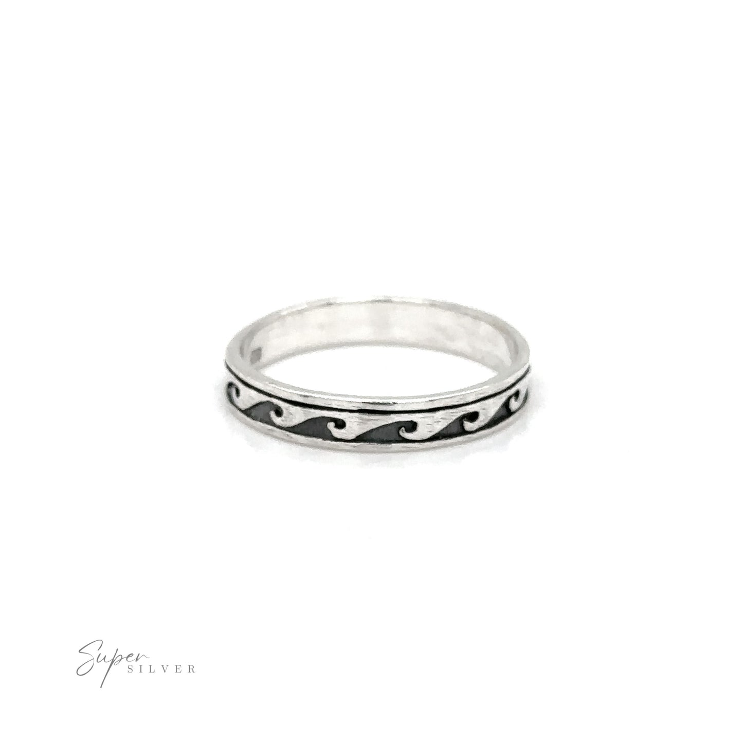 
                  
                    A silver 3mm Wave Band mens ring with wave designs.
                  
                