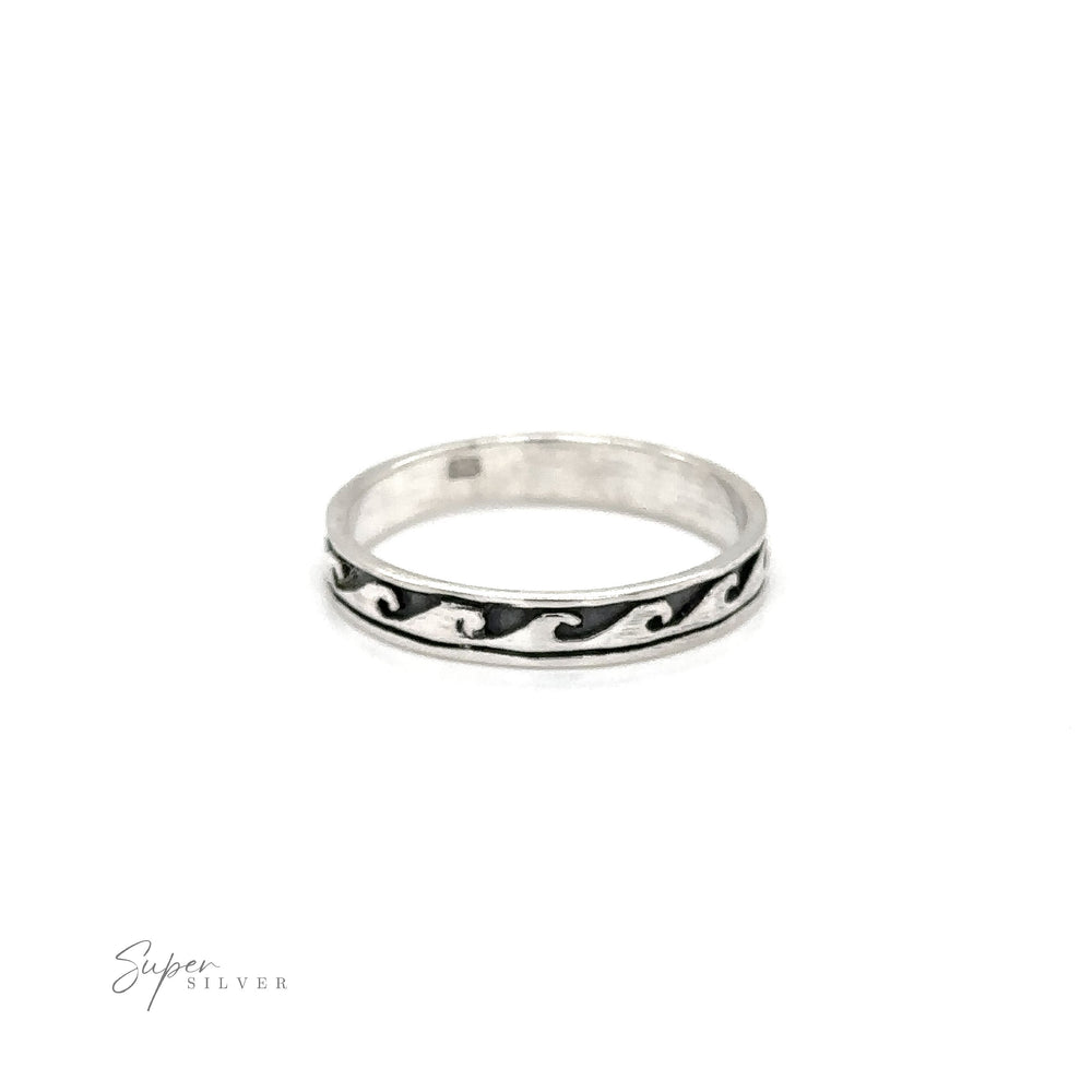 A silver 3mm Wave Band with black and white ocean designs.