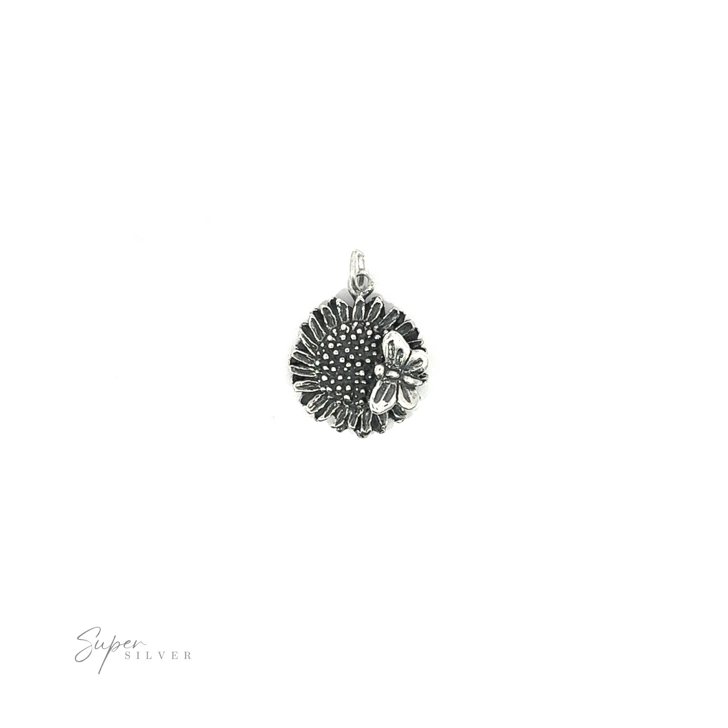 
                  
                    Silver floral-patterned pendant with a Sunflower Charm with Butterfly on a white background.
                  
                