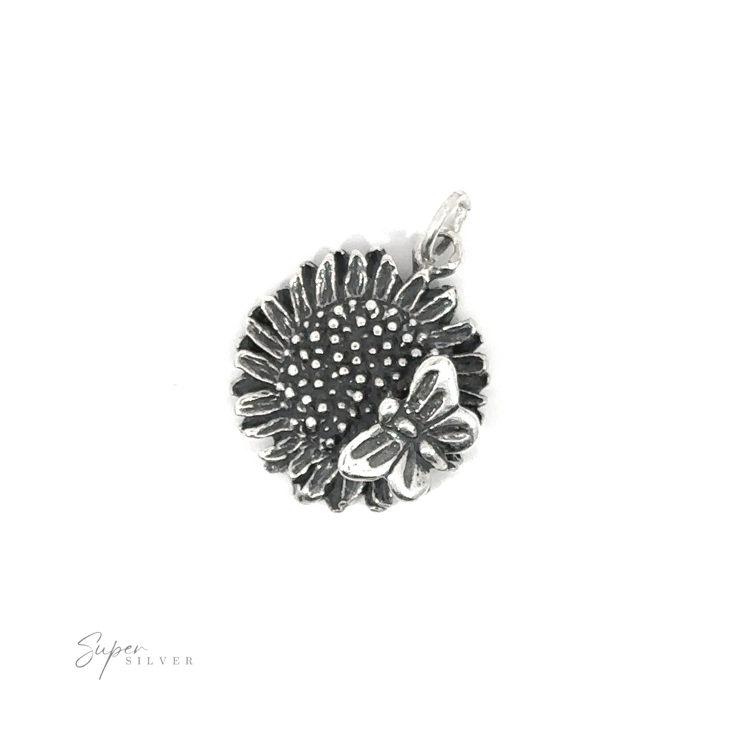 Sunflower charm with butterfly pendant with textured details on a white background.