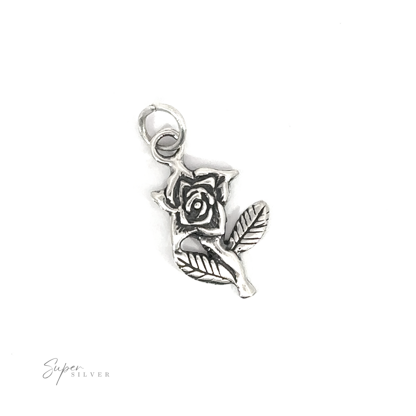 A silver Rose Charm on a white background made of .925 Sterling Silver.