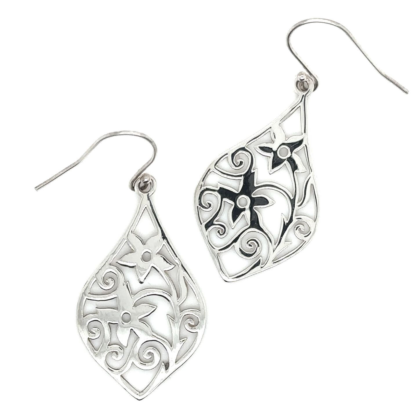 
                  
                    Super Silver's Floral Scene Earrings, with filigree flower designs, handcrafted from .925 sterling silver.
                  
                