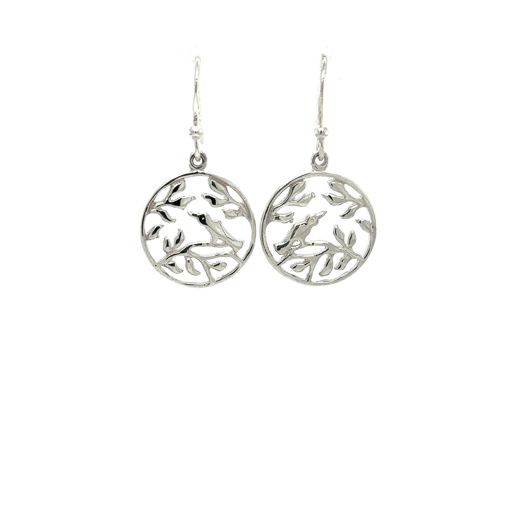 A pair of Super Silver Circle Shaped Earrings with Nature Scene in Dangle Circle style.