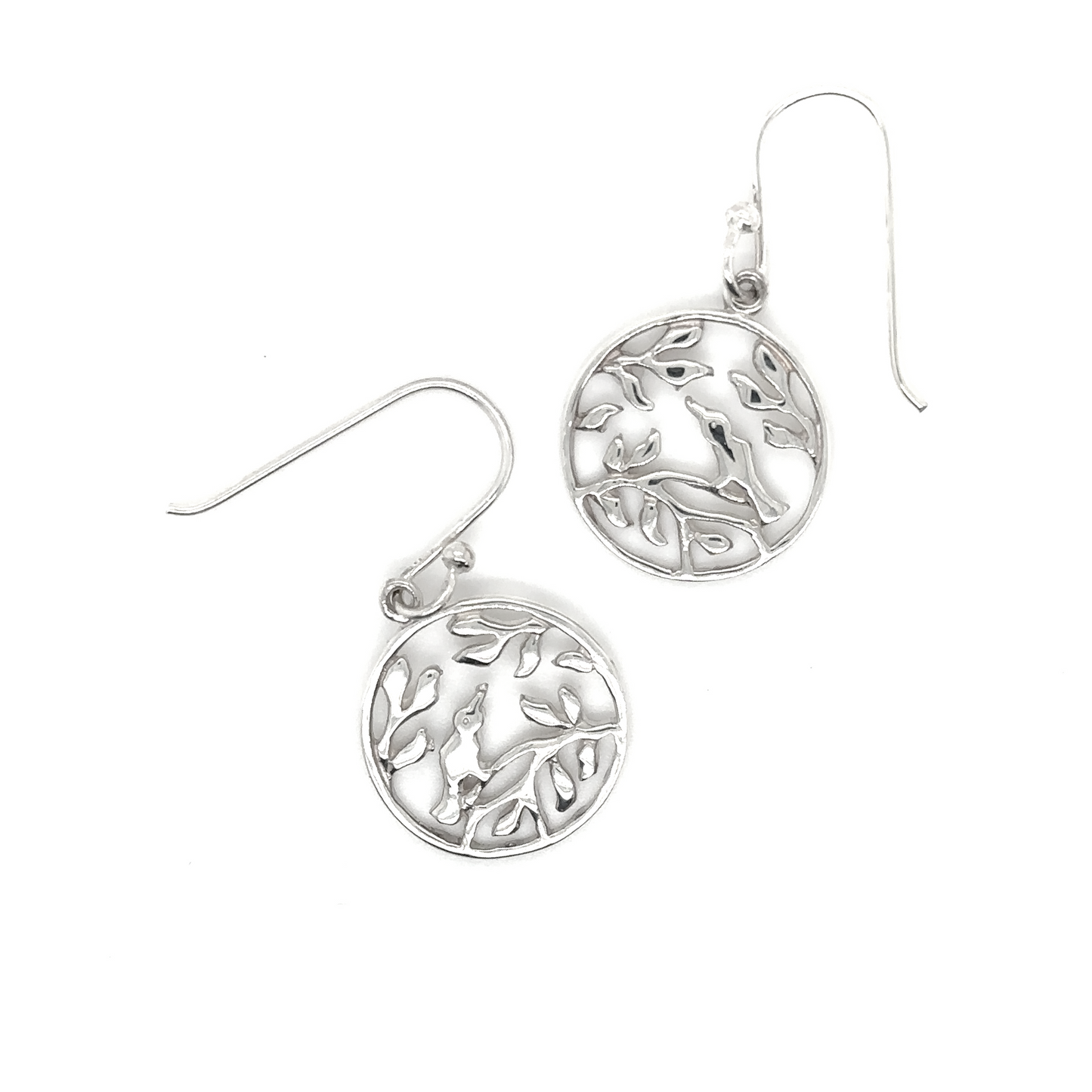 A pair of Circle Shaped Earrings with Nature Scene by Super Silver with a leaf design.