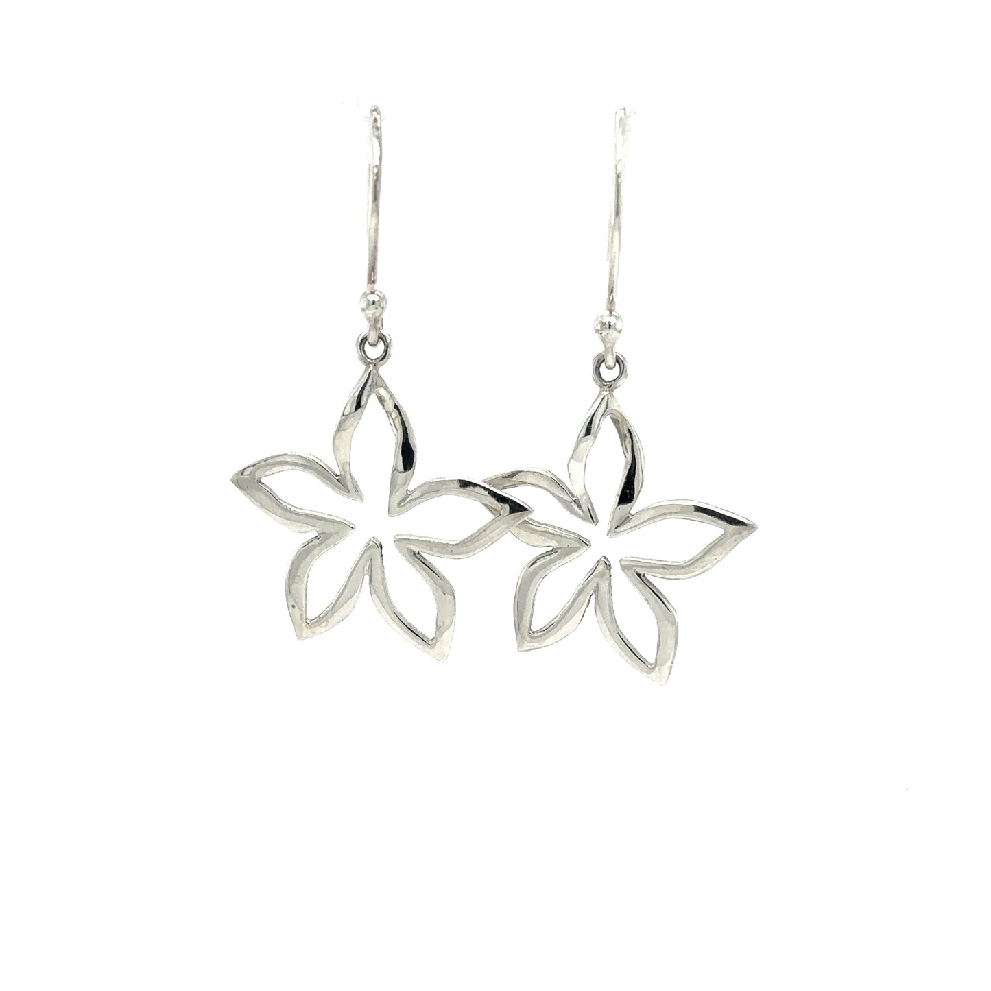 A pair of Simple Open Flower Earrings in Super Silver, on a white background, made with .925 Silver.