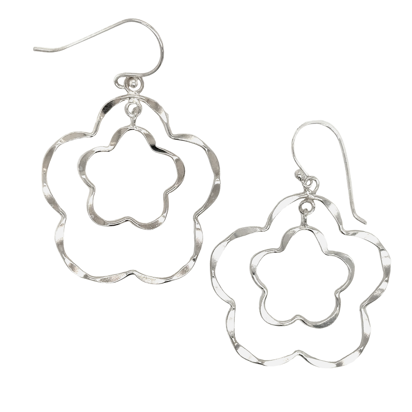 
                  
                    These Super Silver Flower Outline Earrings are crafted in .925 Sterling Silver, featuring a simple texture and a double flower outline design.
                  
                