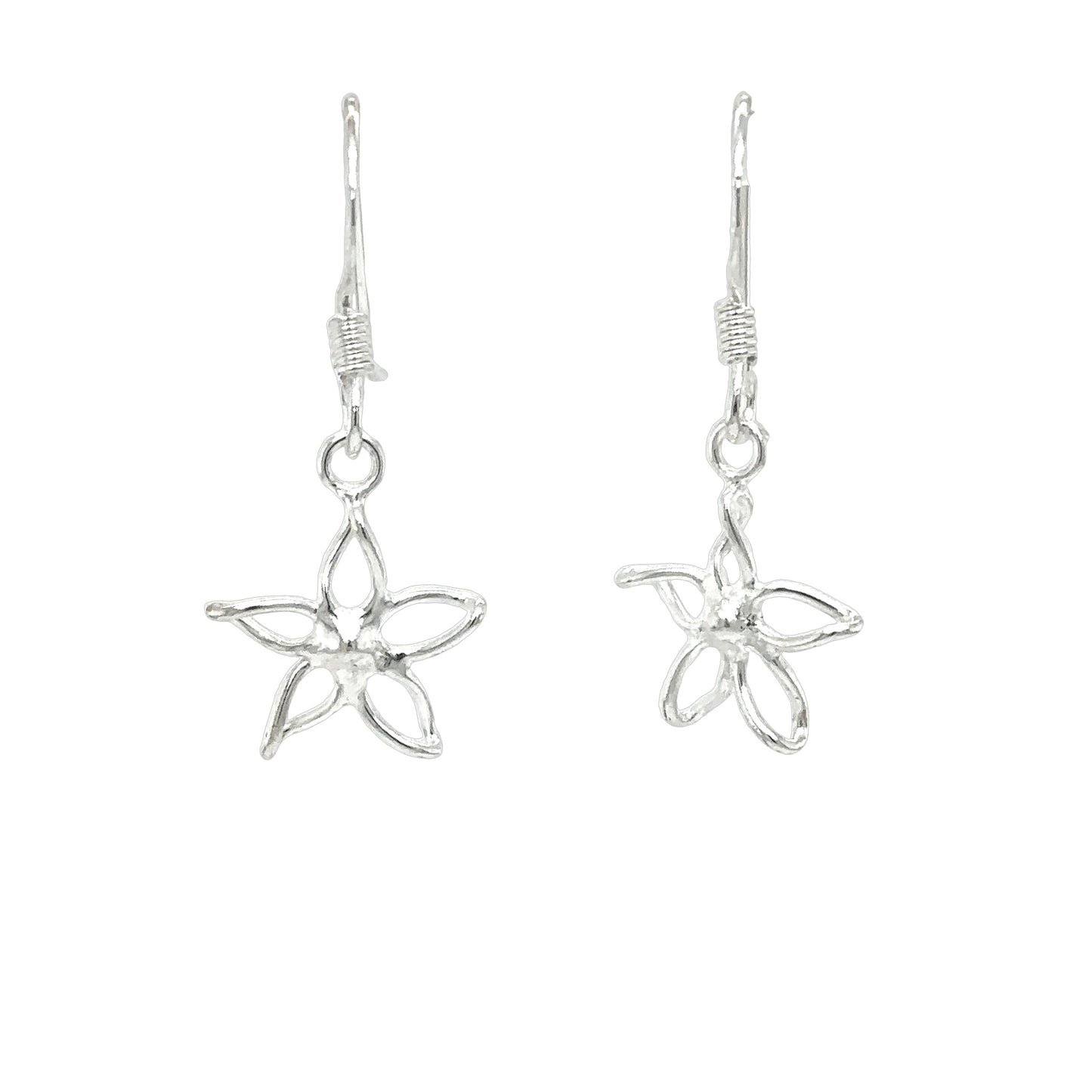 
                  
                    A pair of Super Silver Tiny Open Flower earrings on a white background.
                  
                
