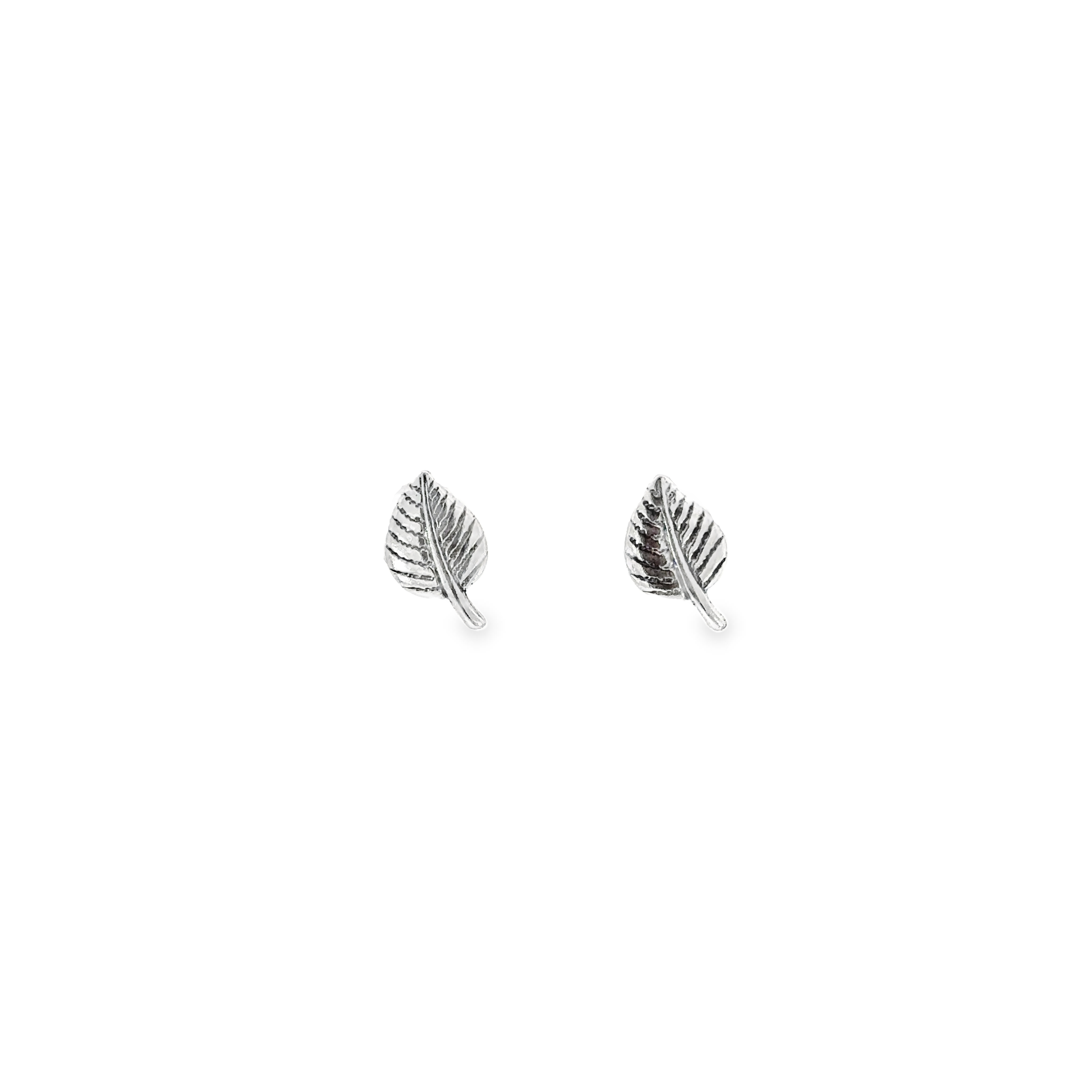 Outlined Leaf Studs made from .925 Sterling Silver on a white background.