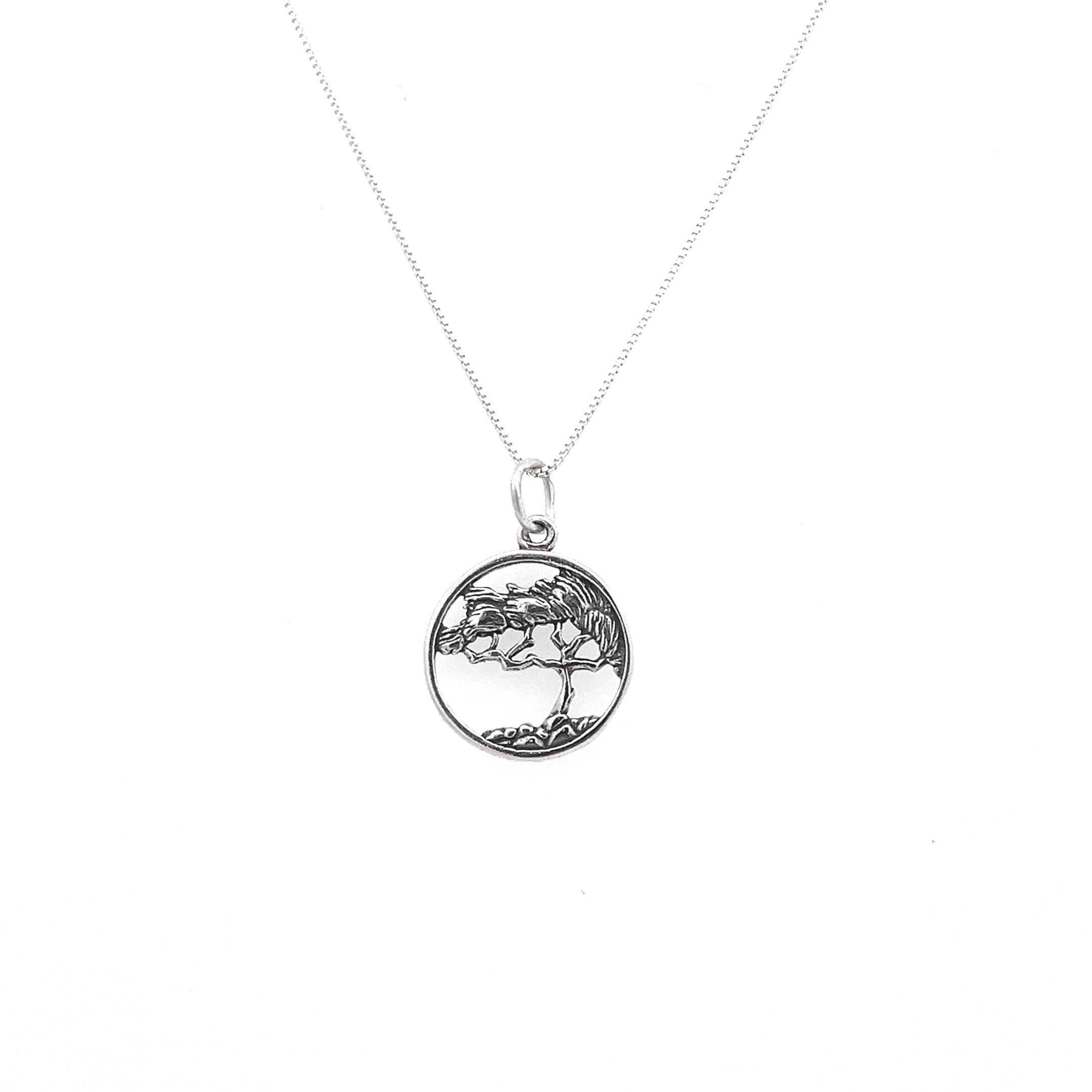 Cypress Tree Charm necklace crafted from sterling silver, showcasing a circular cypress tree design on a refined chain, ideal for nature jewelry lovers.