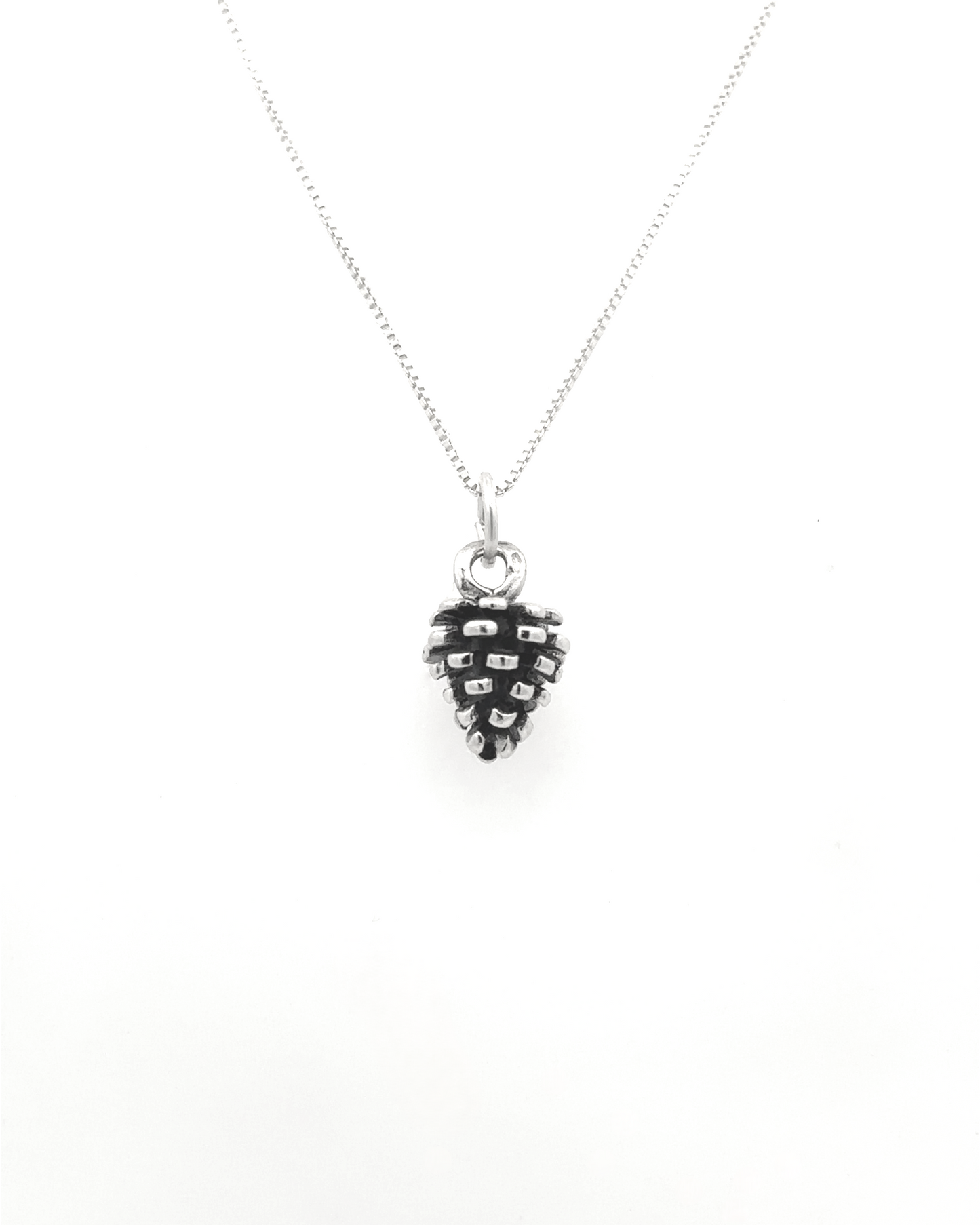 
                  
                    The Pinecone Pendant, a sterling silver necklace adorned with a delicate pinecone charm, is ideal for nature enthusiasts and is showcased beautifully against a white background.
                  
                